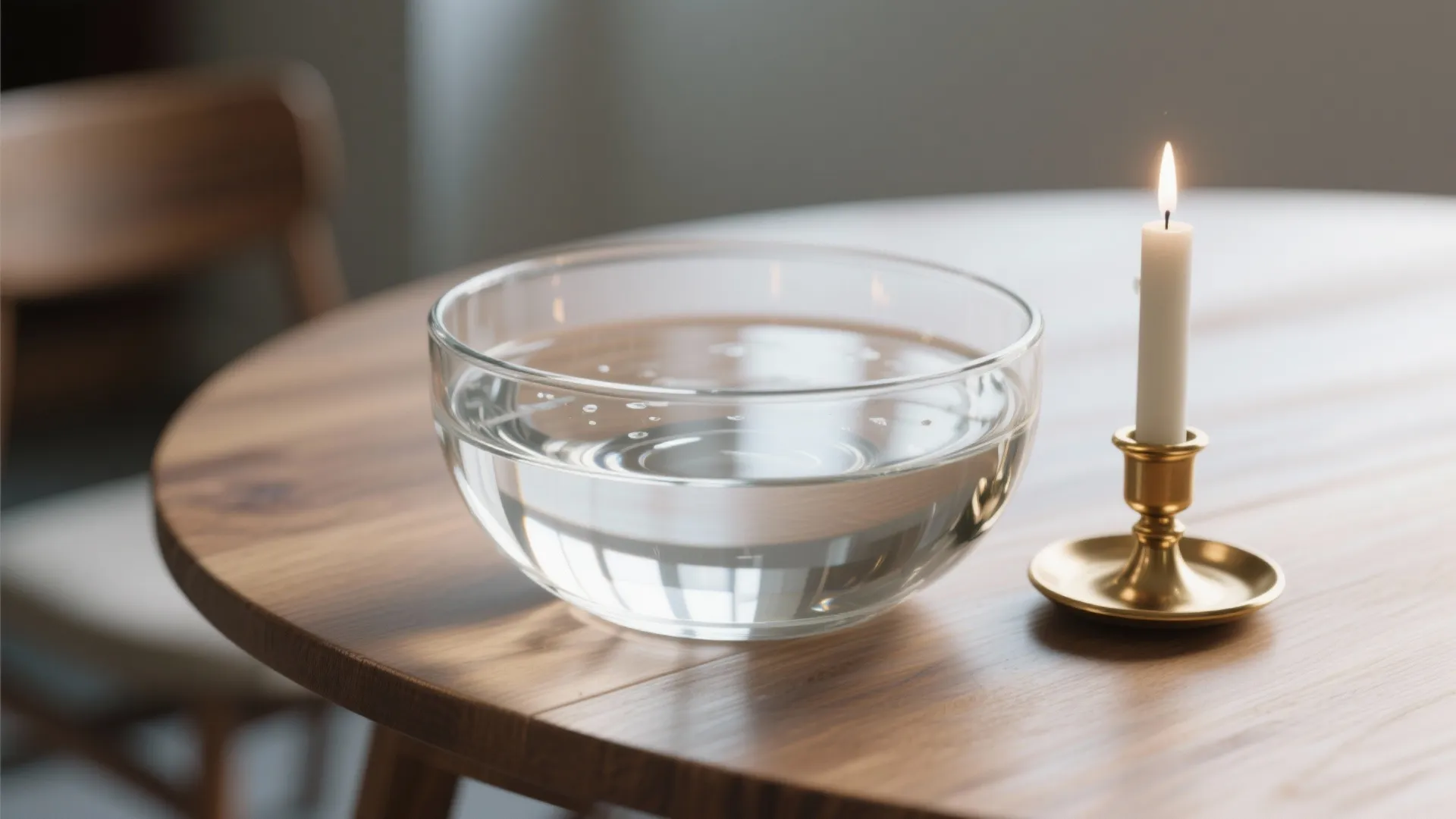 Modern wooden table with clear glass water bowl lit white candle in a gold holder