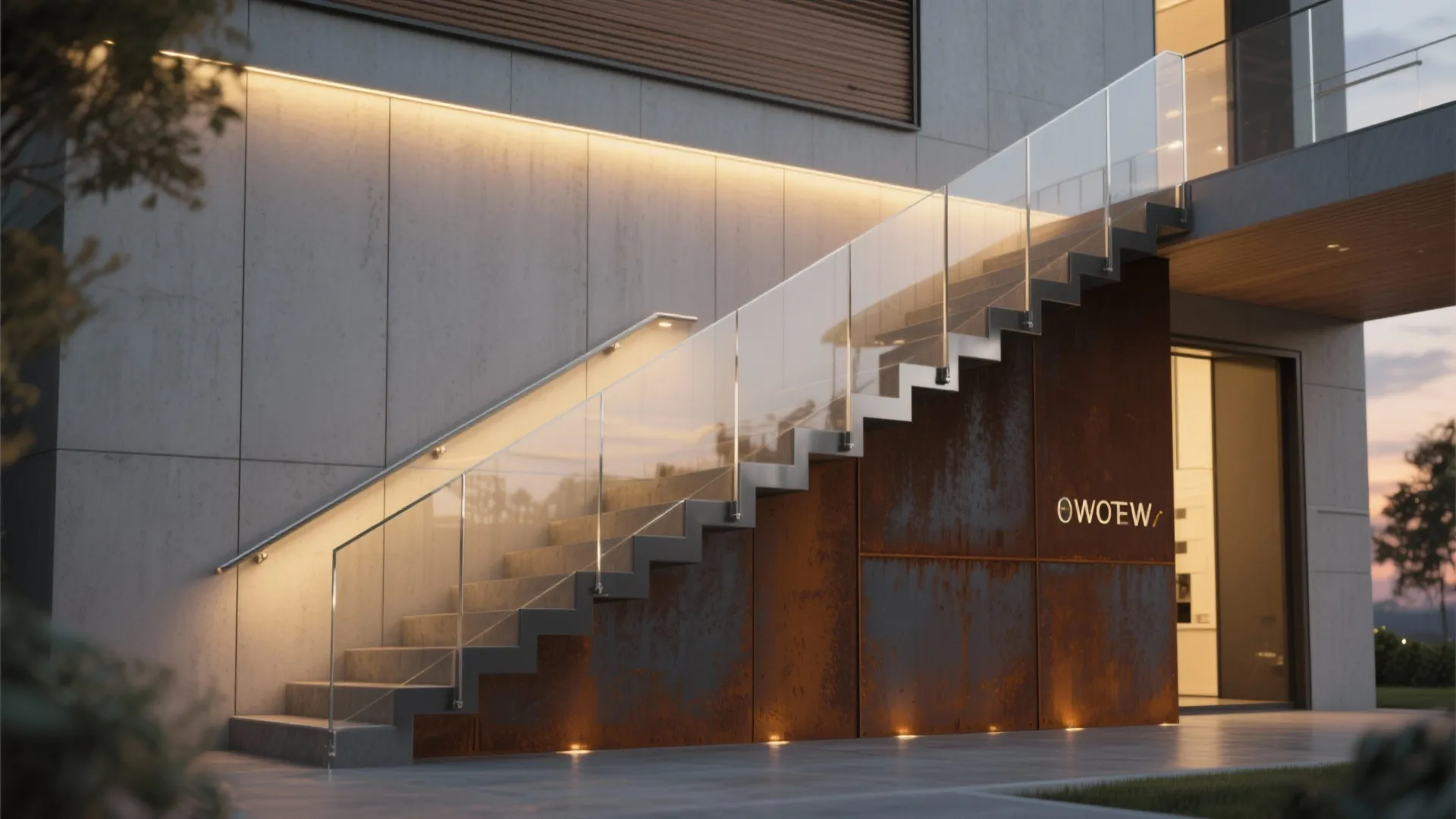 Glass and metal compositions for modern stair exteriors