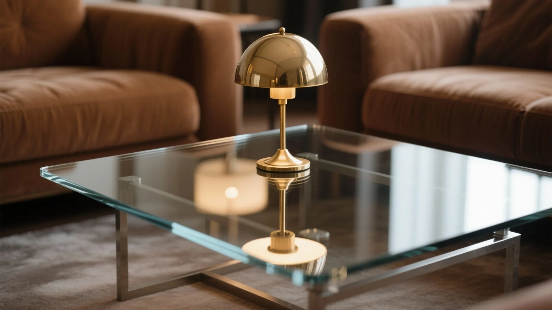 Modern glass coffee table with a small gold table lamp sitting between two brown sofas