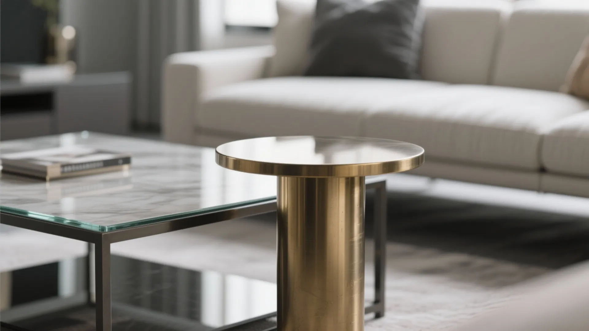Close up of a round gold side table next to a marble coffee table and sofa