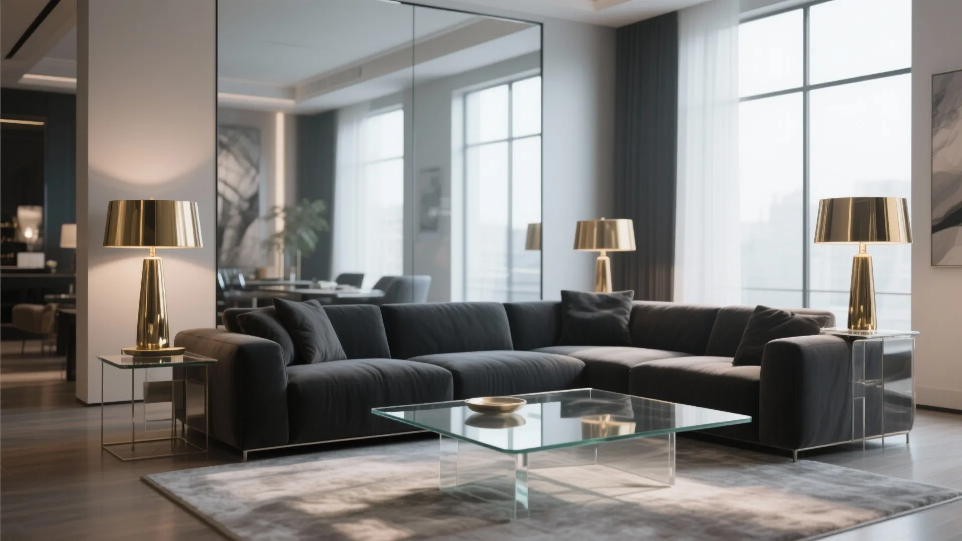 Dark sectional with glass table and brass lamps