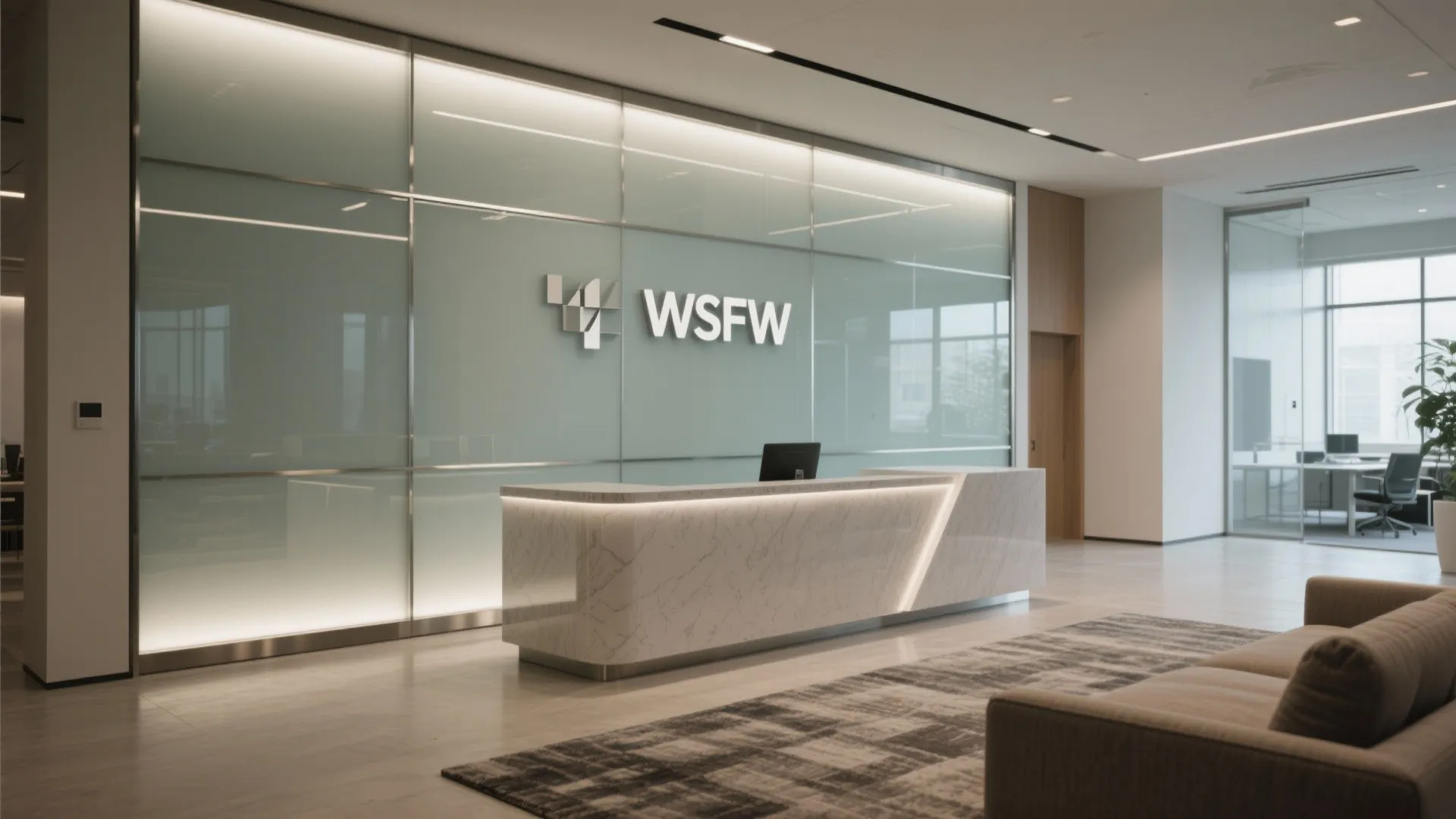 Modern office reception area with marble desk glass wall panel company logo sofa and rug