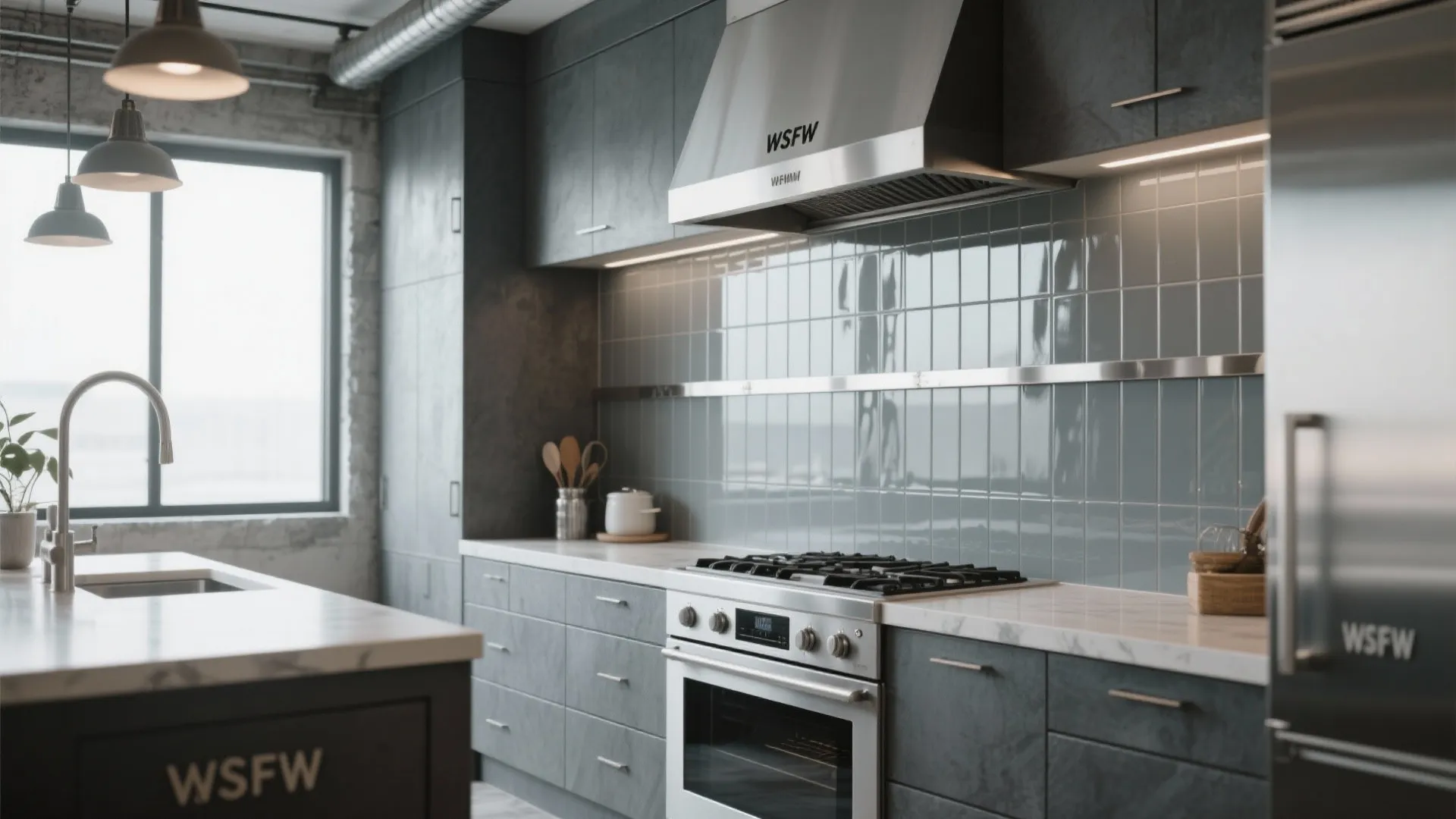 Modern kitchen with grey cabinets marble countertops stainless steel appliances and blue glass tile wall design