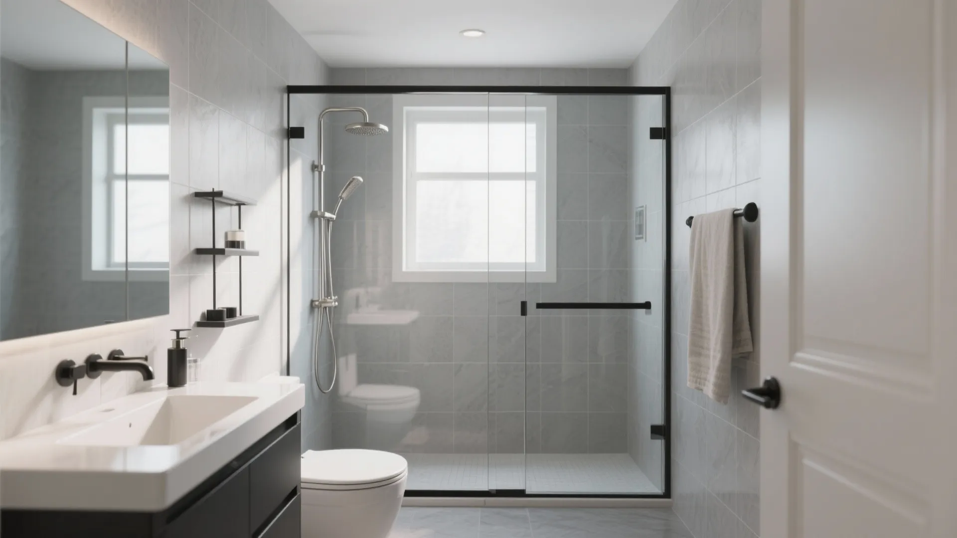 Minimalist bathroom with glass shower door black frame white sink toilet and light gray wall tiles