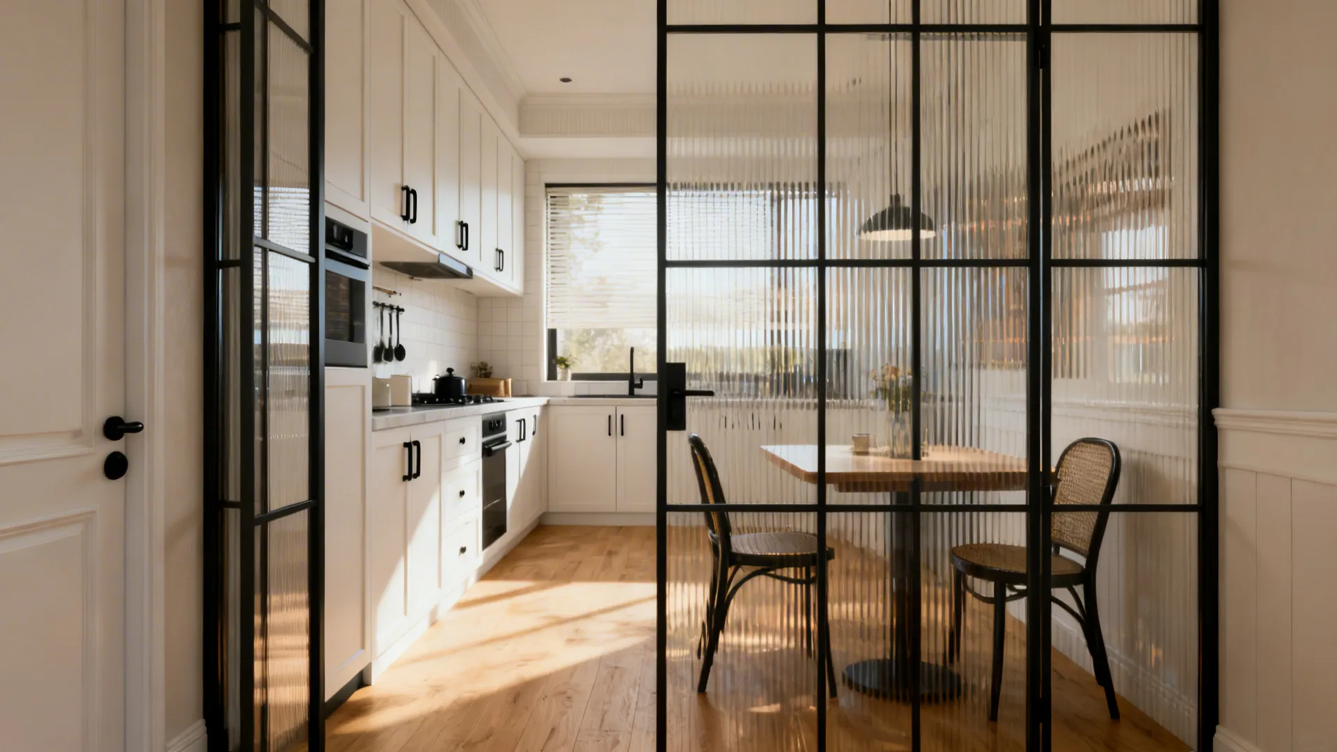 Thin black metal-framed glass panels divide a bright galley kitchen and dining nook.