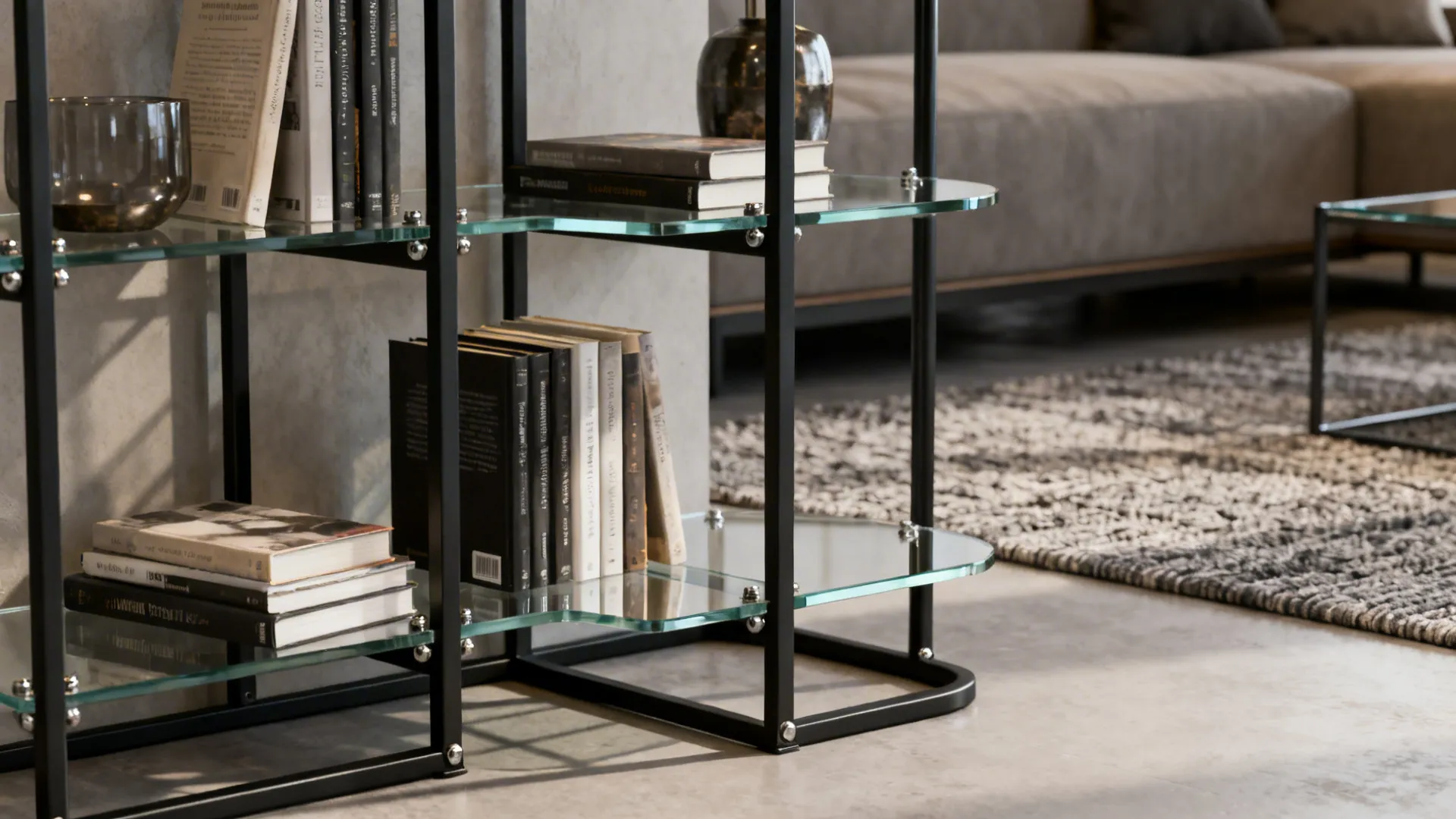 Mixed-material corner shelving combining clear glass shelves with a thin black metal frame holding books and décor.