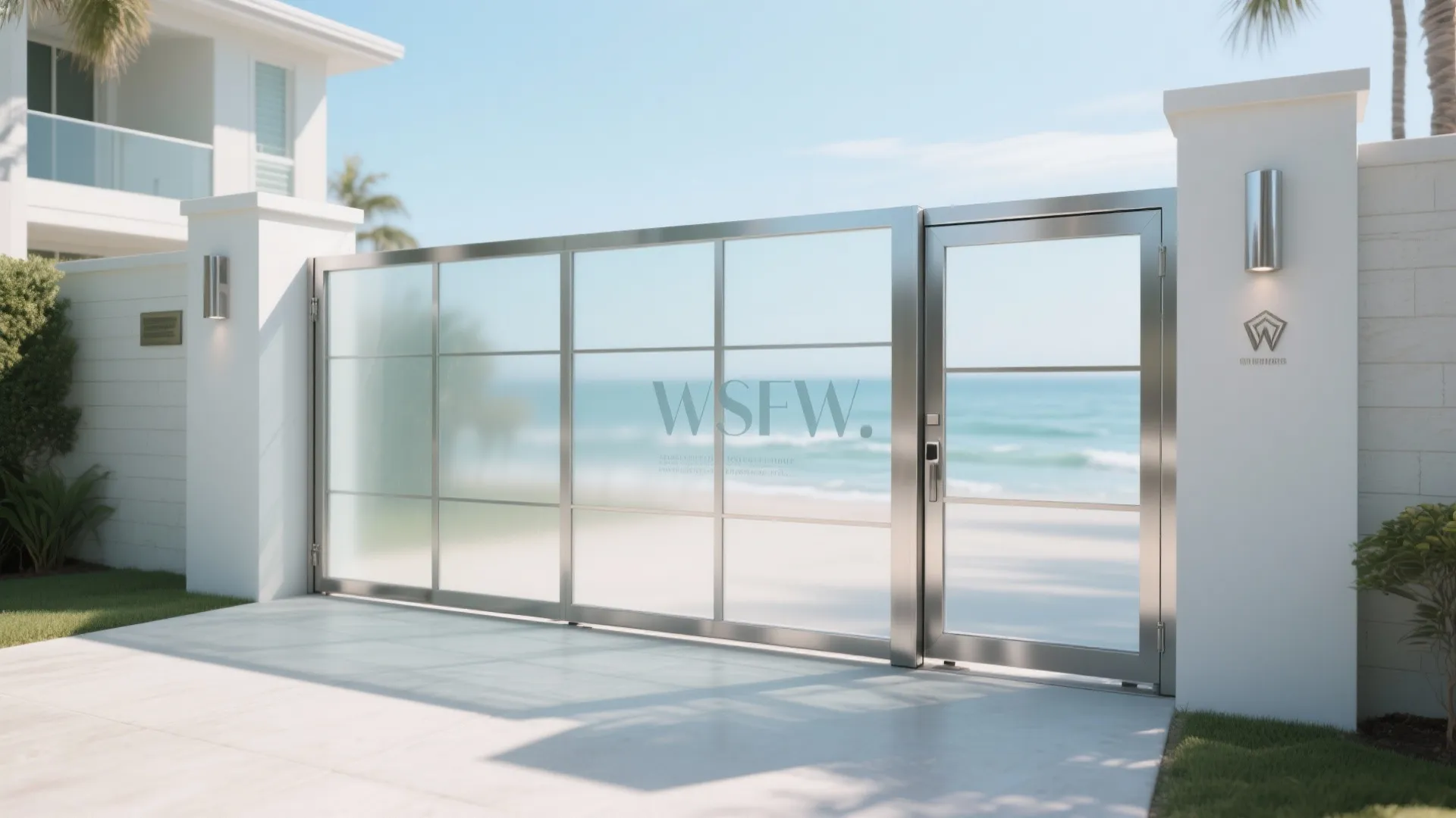 Modern metal and glass gate with ocean view white pillars wall lights and sandy beach