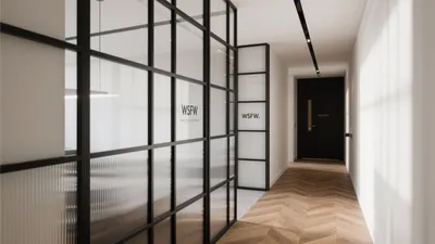 Modern Office Hallway with Glass Partitions