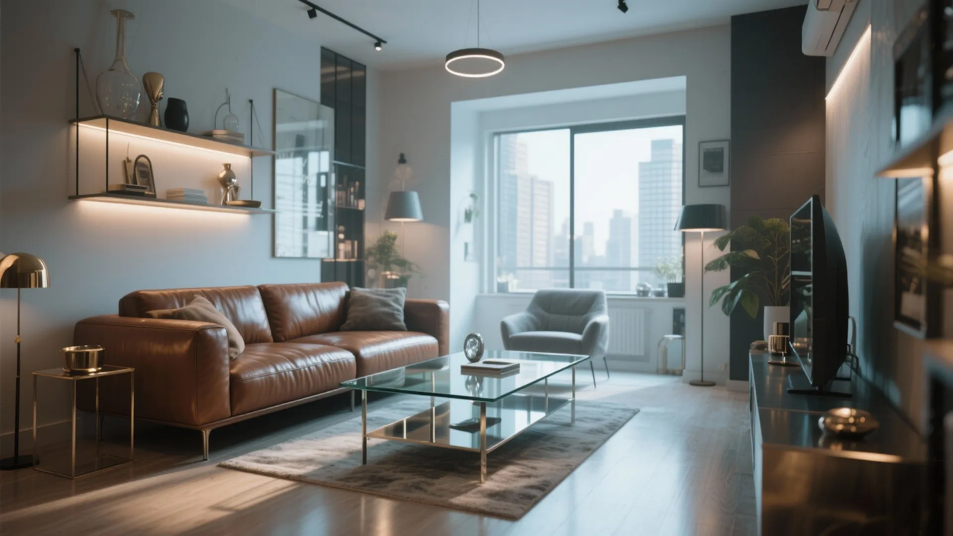 Modern living room featuring brown leather sofa glass coffee table and large window with city view