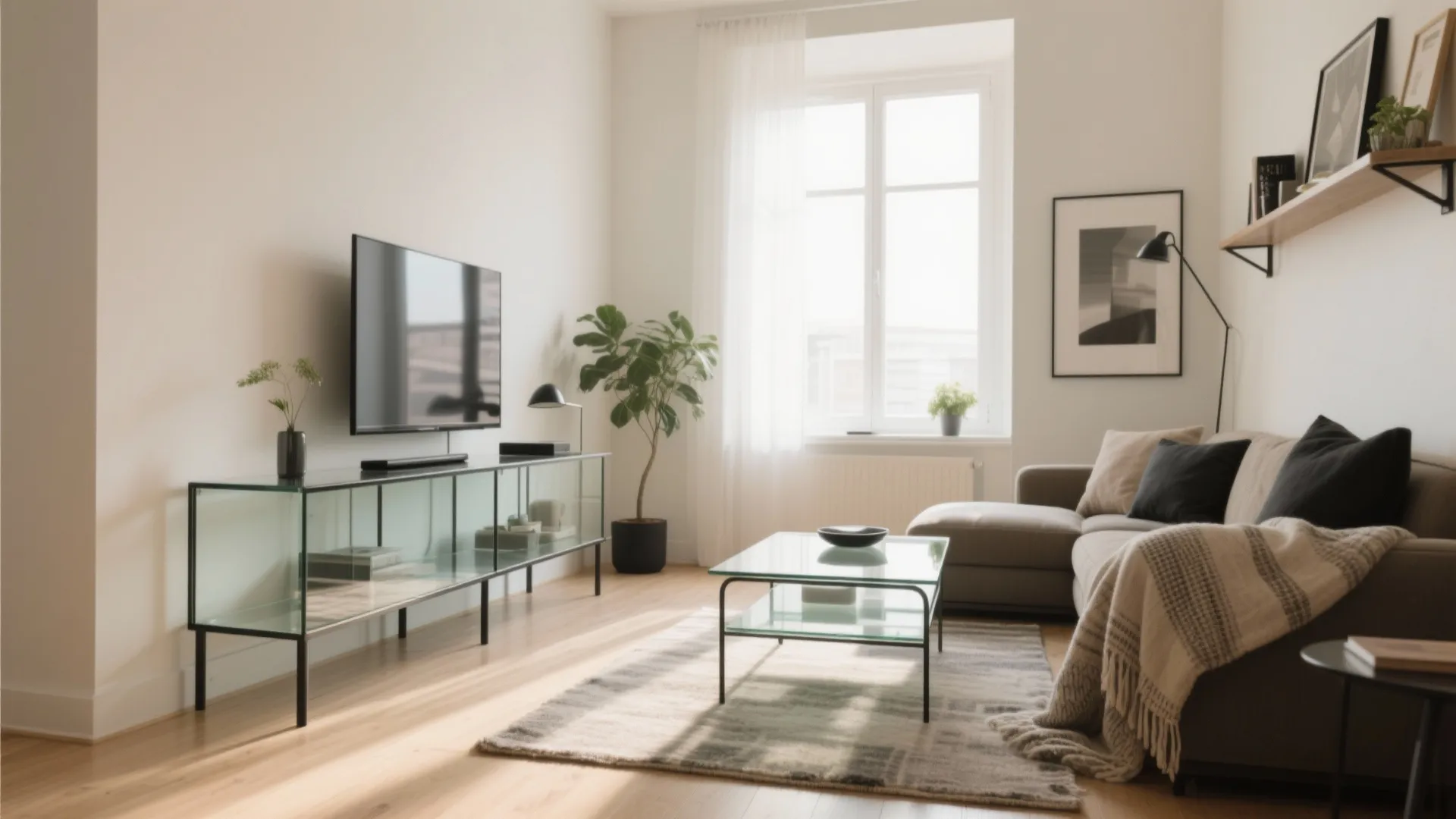 Glass and metal pieces to lighten the room