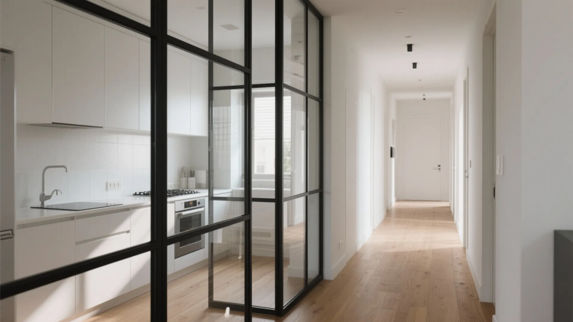 Glass and metal frame partition for light and airflow