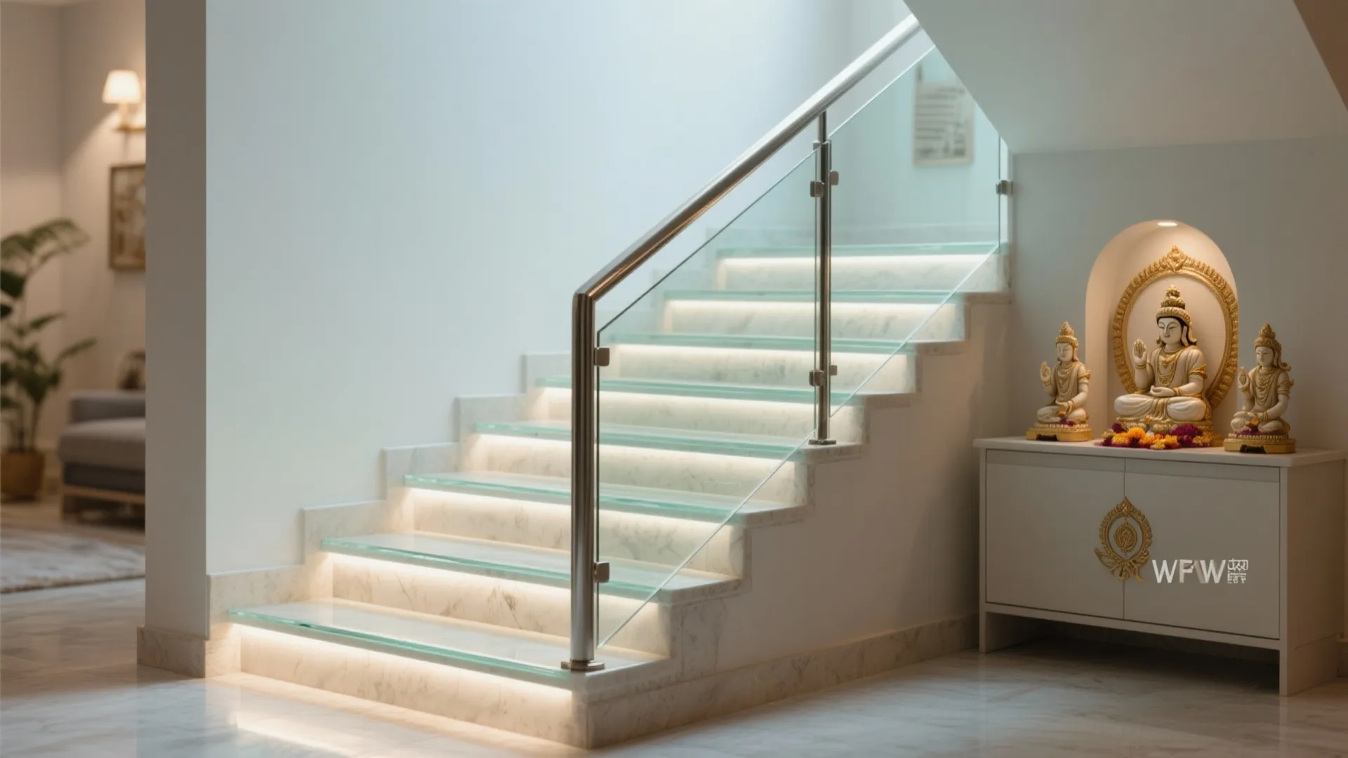 Bright white marble staircase with glass handrails and glowing light strips beside a small cabinet