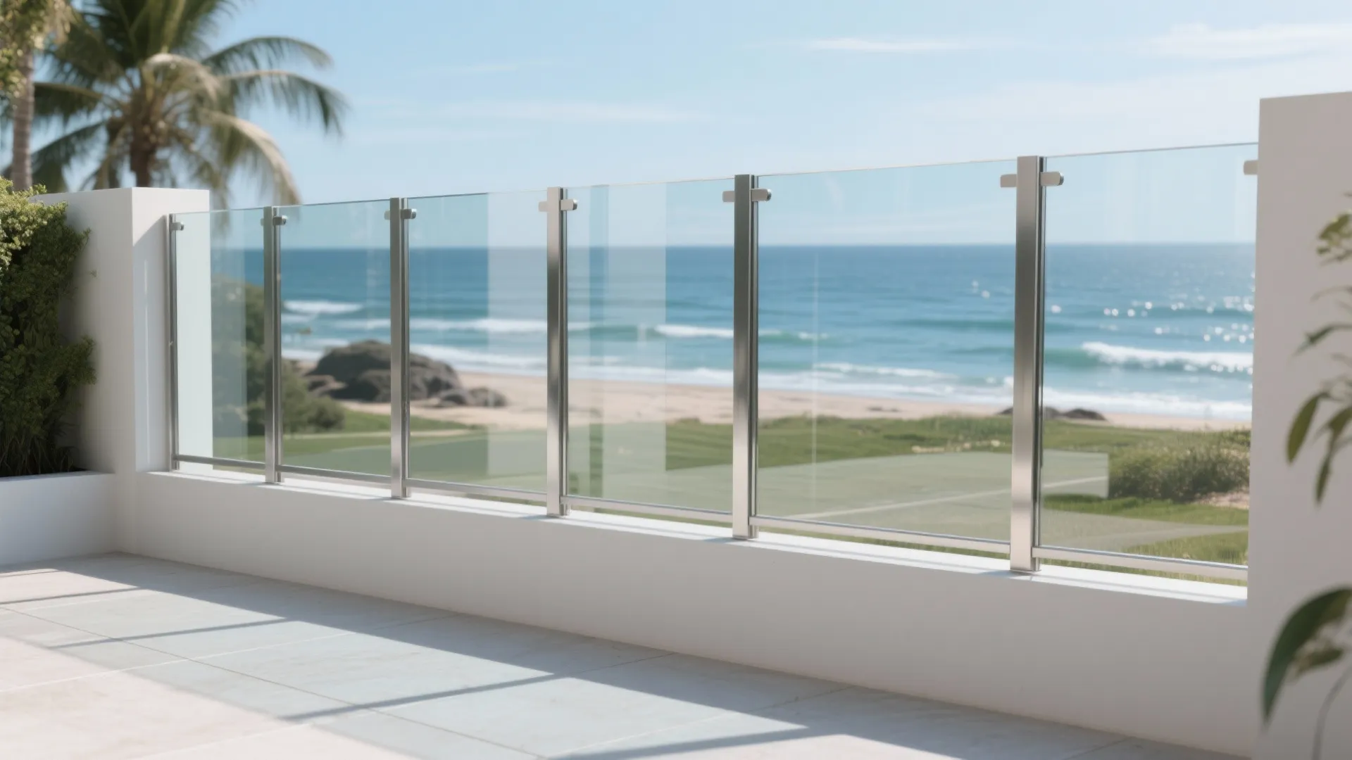 Modern balcony with clear glass railing and metal posts overlooking a sunny beach with palm trees