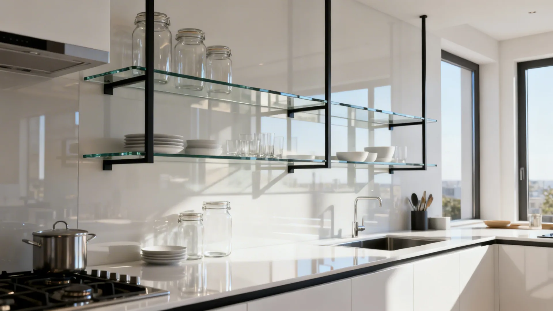 Airy tempered glass shelves on slim metal brackets reflecting daylight in a modern kitchen.