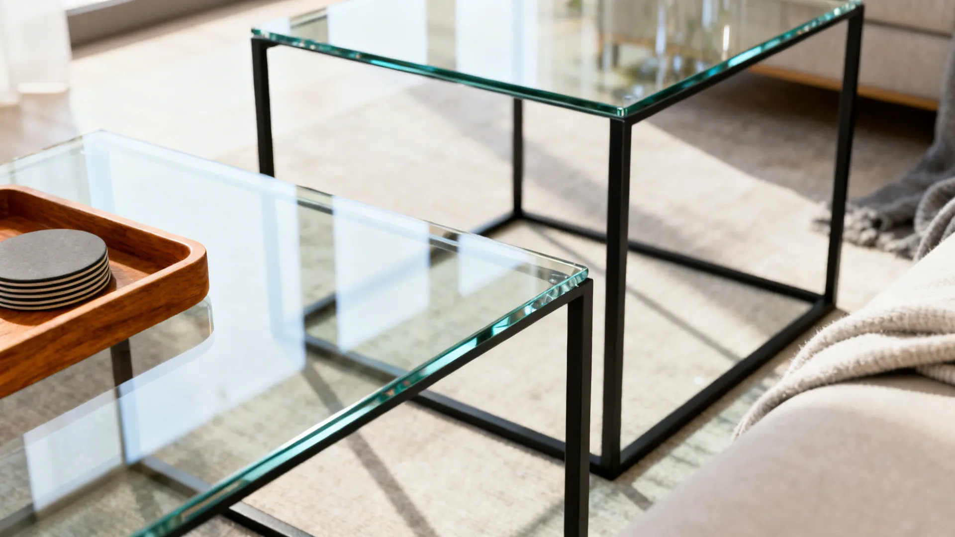 Close up of glass coffee tables with black metal frames on a rug near sofa