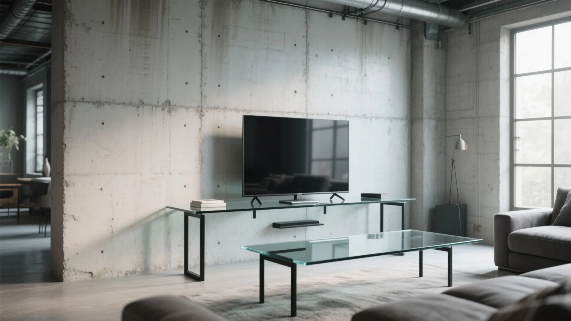 Industrial loft living room with glass and metal TV stand