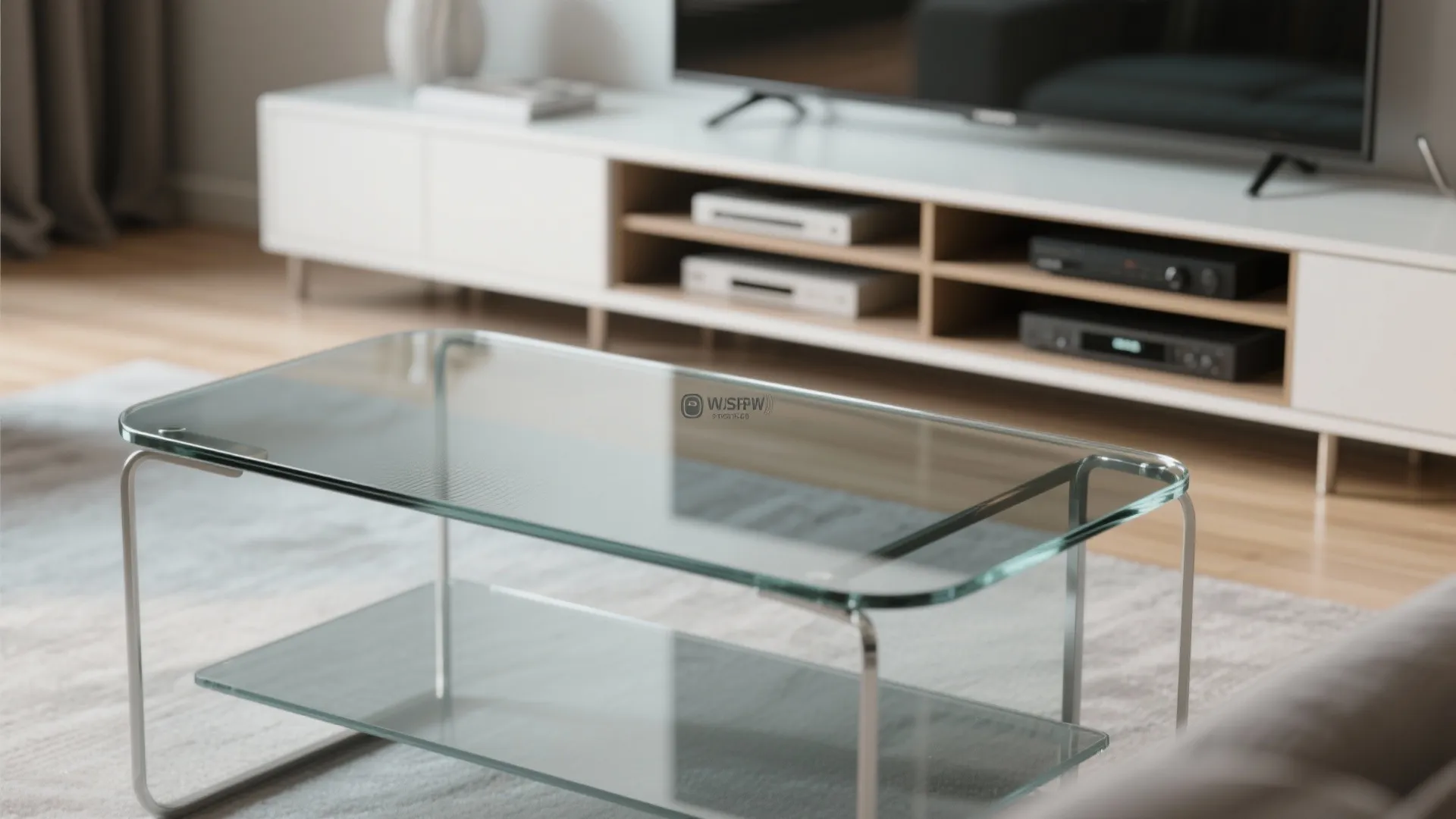 Modern glass coffee table in living room with white cabinet and television in the background