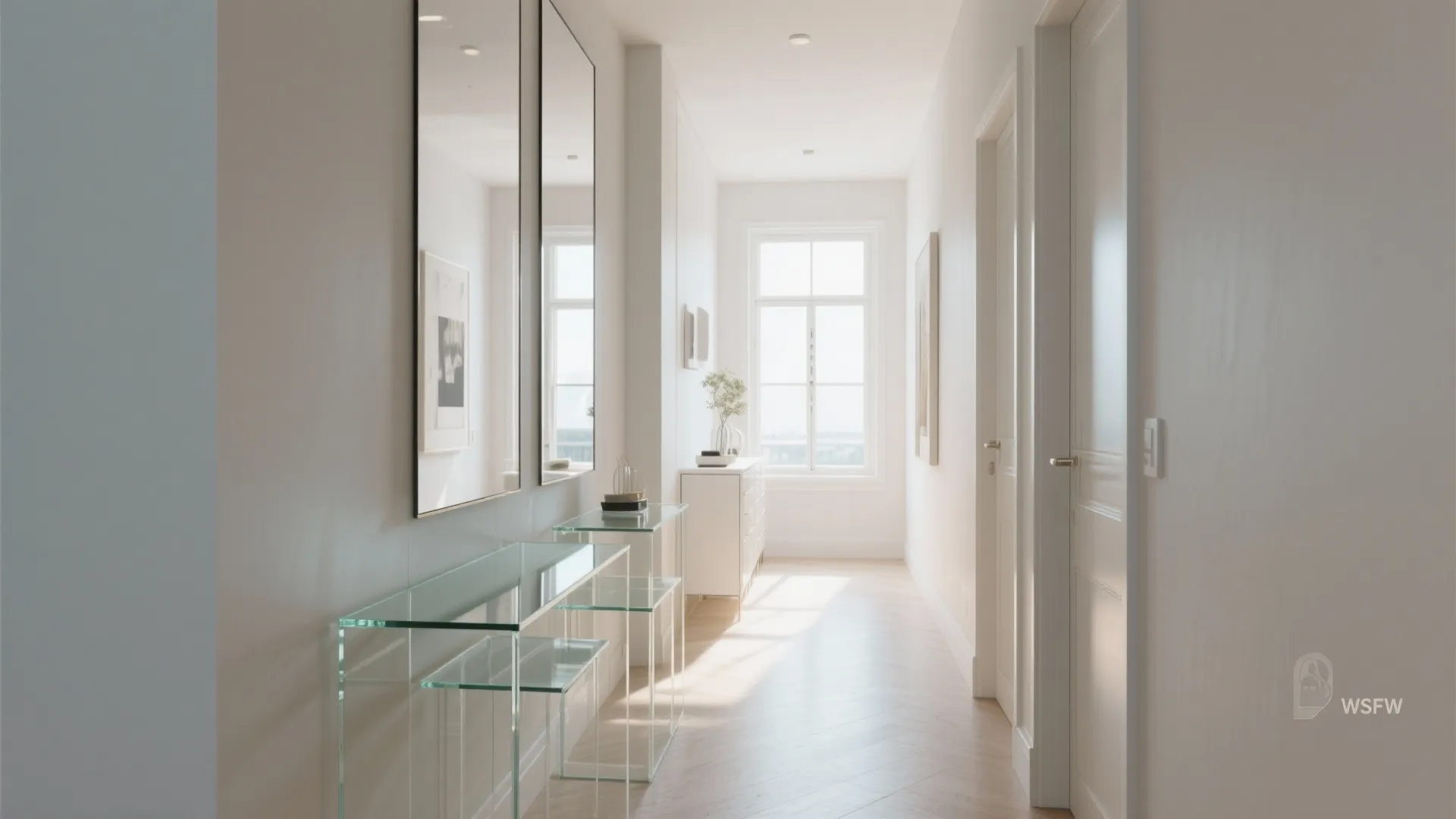 Mirror-lined hall with a glass-topped console reflecting window light in a bright corridor.