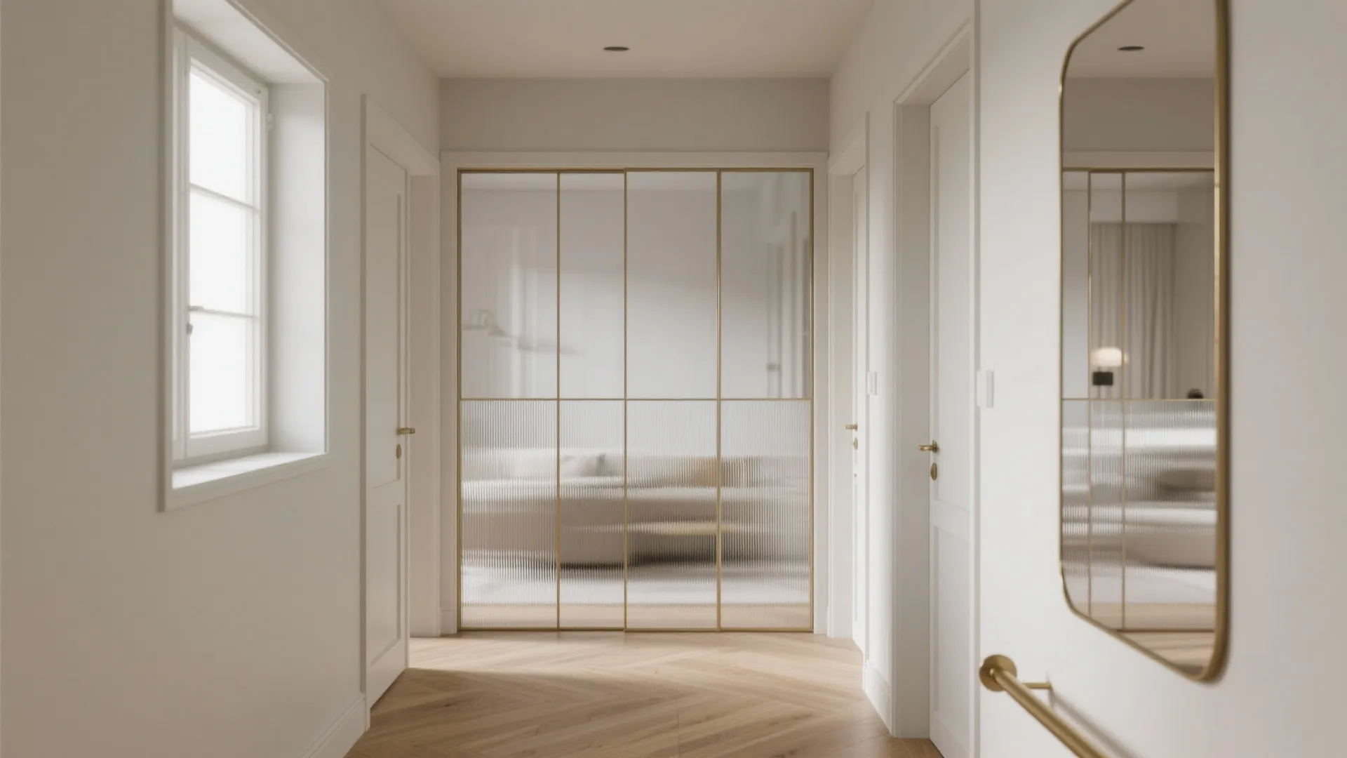 White hallway featuring wooden floor glass sliding door mirror on wall and bright window light