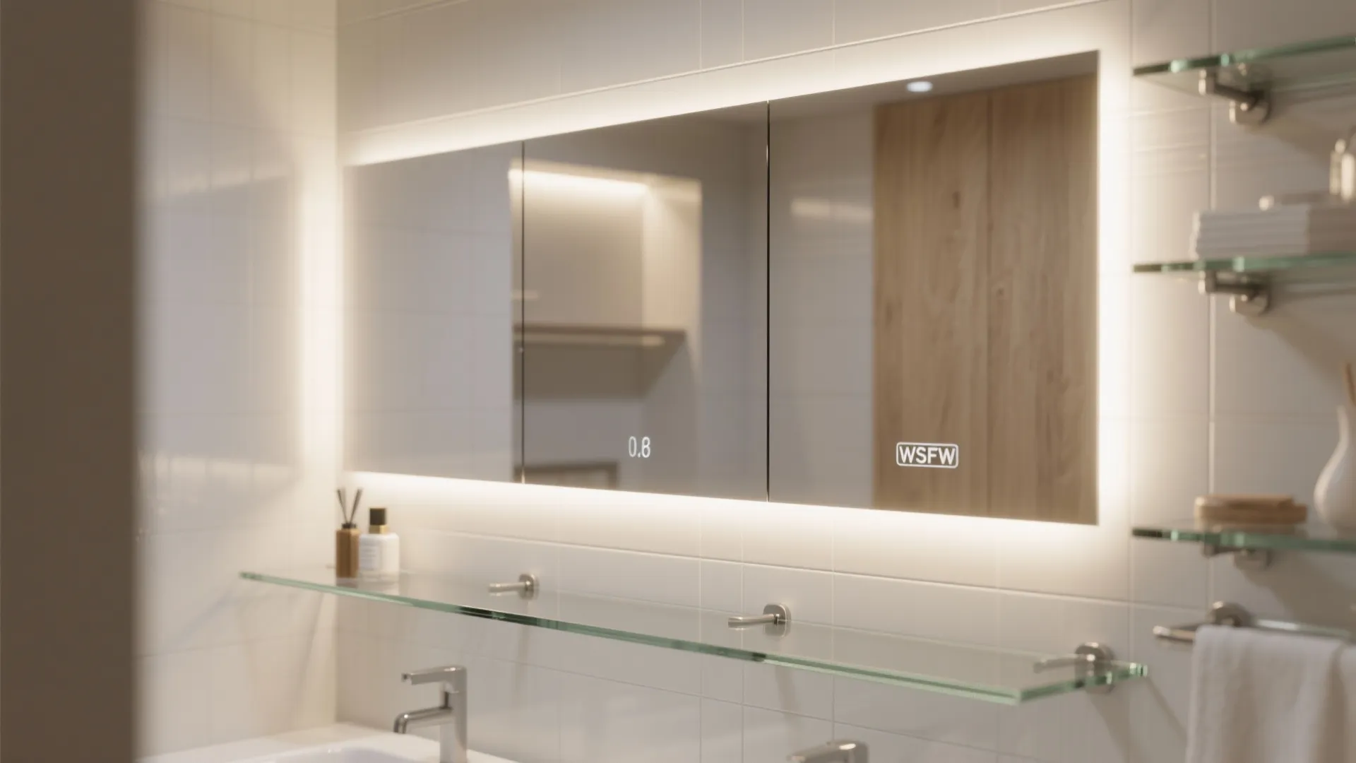 Modern bathroom mirror with built in smart lights and glass shelves for organized toiletries storage