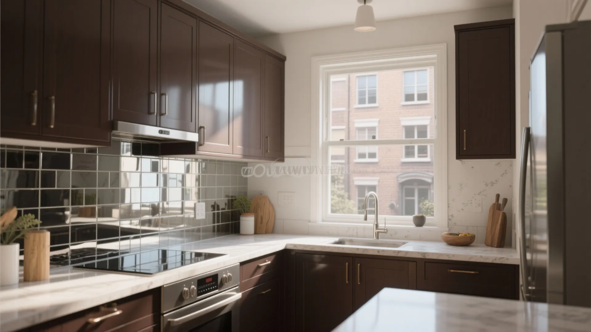 Modern kitchen with dark brown cabinets marble countertop silver faucet large window and white walls