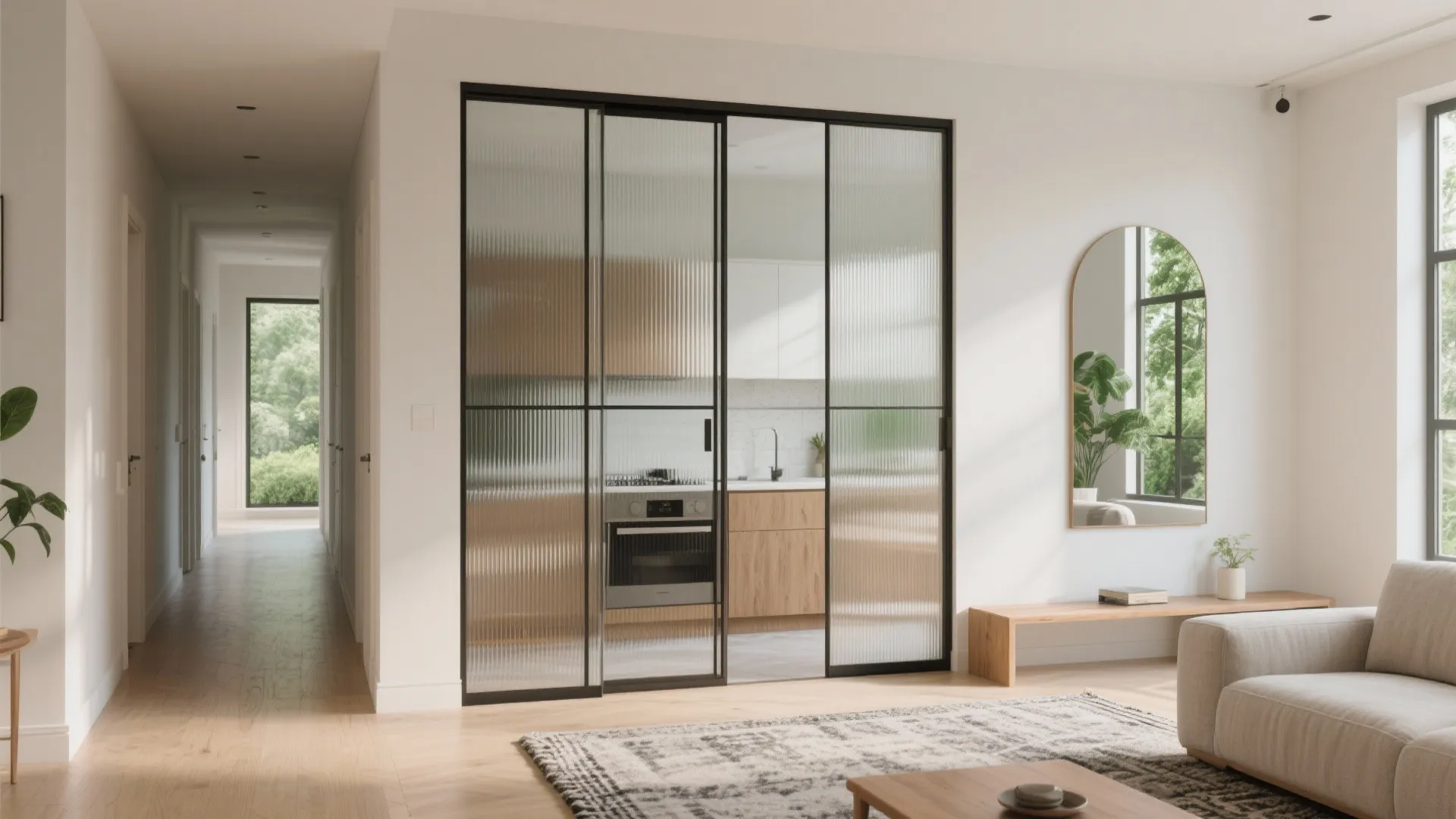 Glass Partition and Mirrors to Open Up the Hall