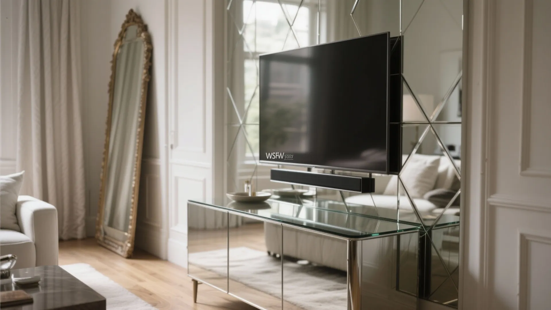 Living room with a television mounted on a mirrored wall panel above a glass cabinet