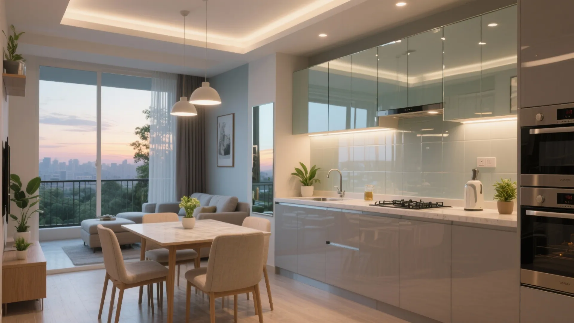 Modern open apartment interior design with kitchen cabinets dining table sofa balcony and city view
