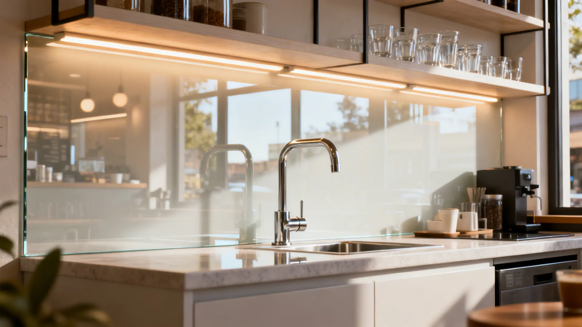 Micro-kitchen with low-iron glass or mirror backsplash reflecting warm LED lighting.