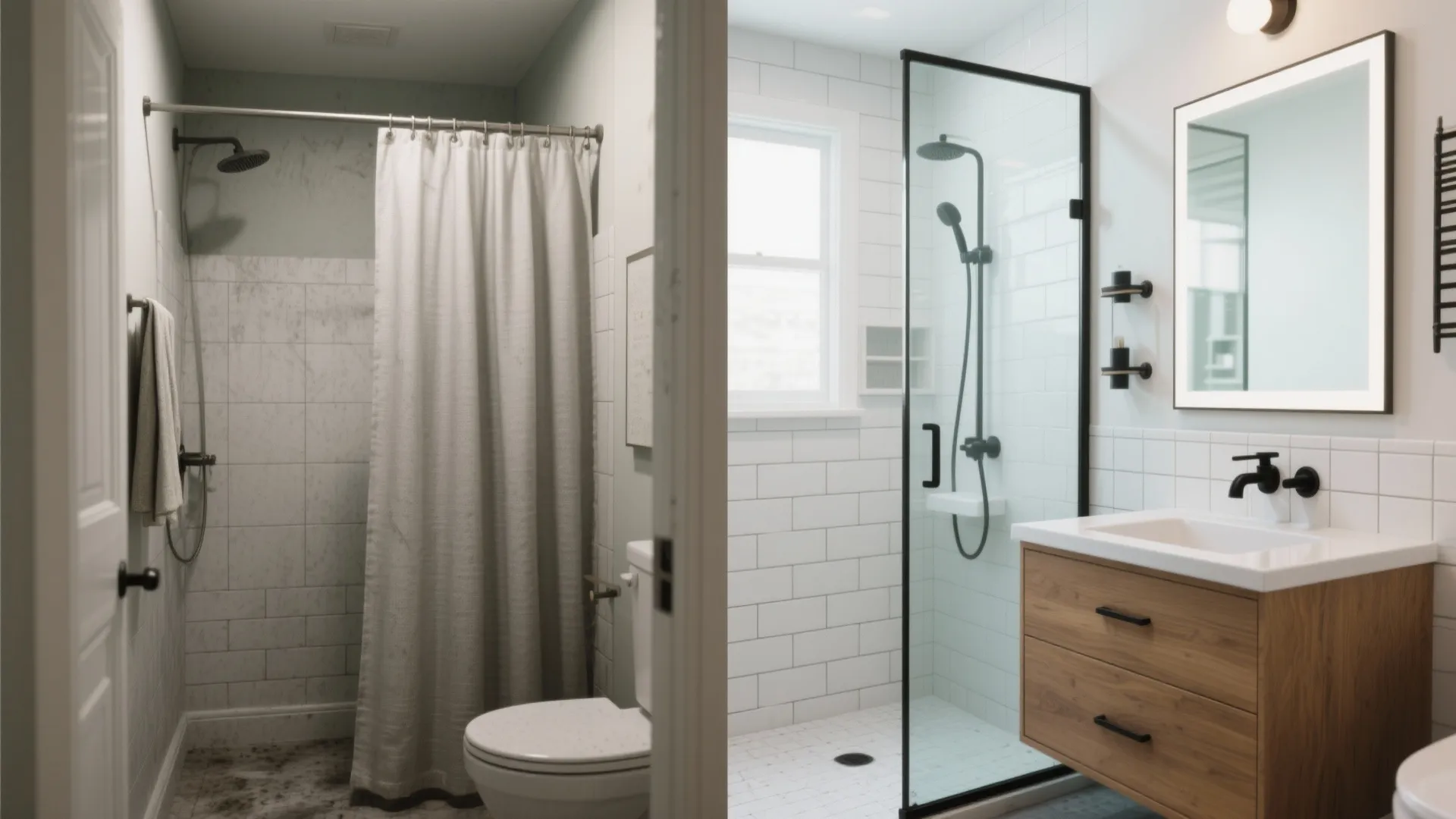 Before and after comparison showing old bathroom with curtain versus modern bathroom with glass shower