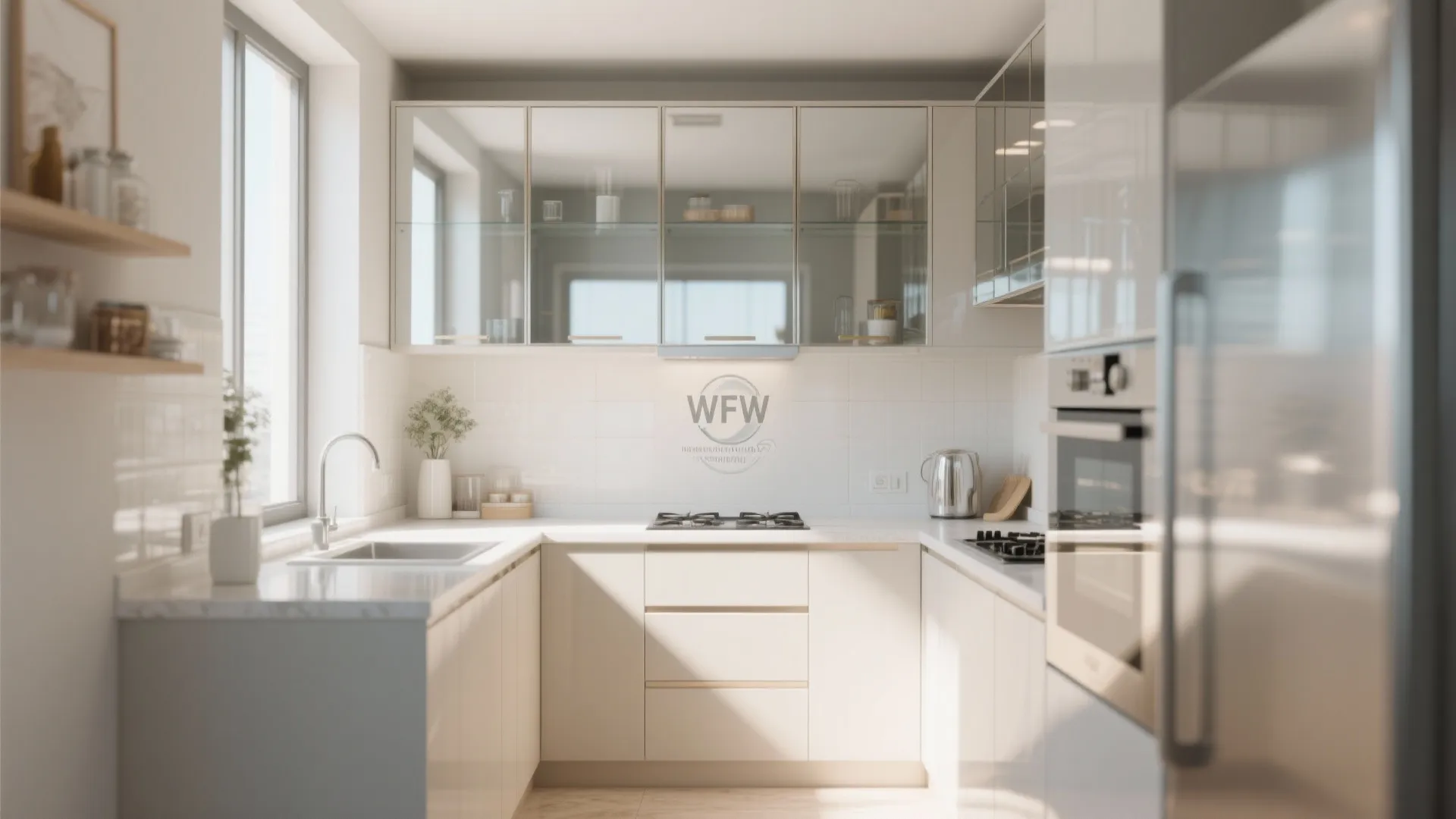 U shaped kitchen design with cream cabinets glass front wall units and natural window light