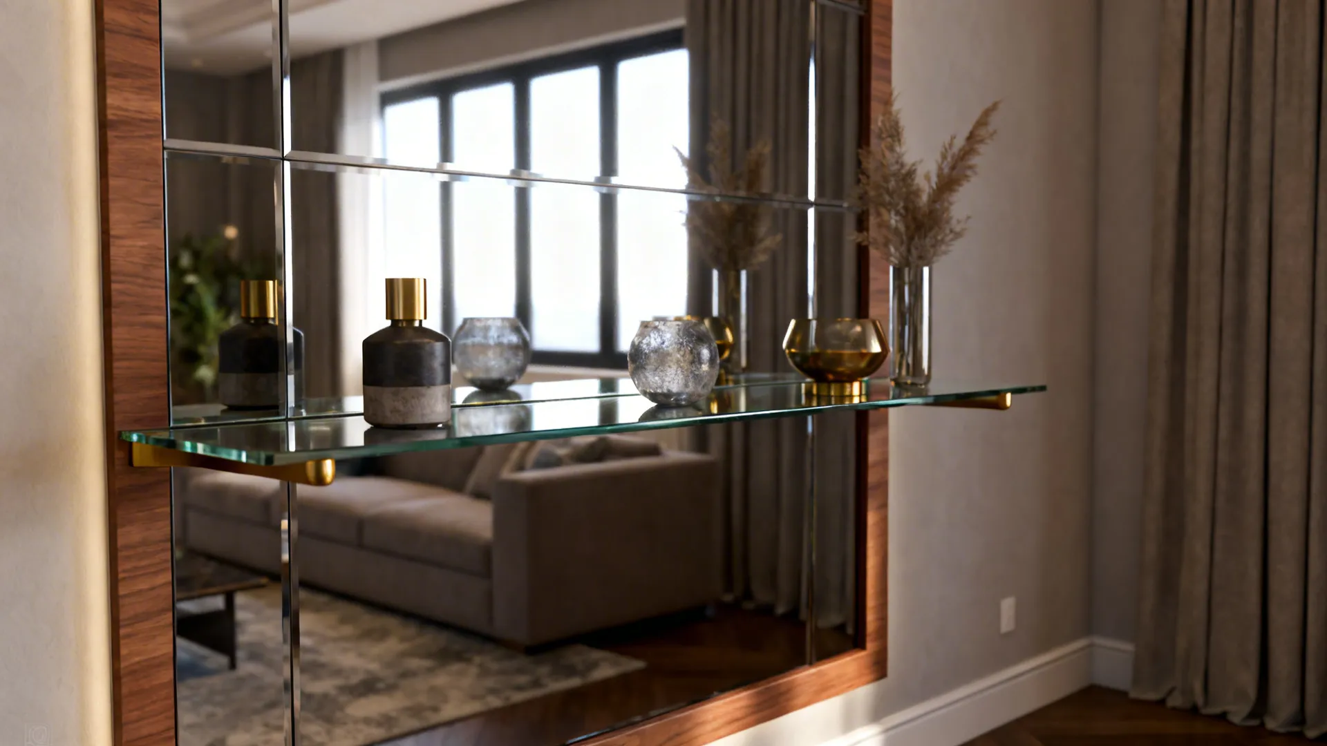 Glass shelf mounted in front of a mirrored back panel that amplifies light and space.