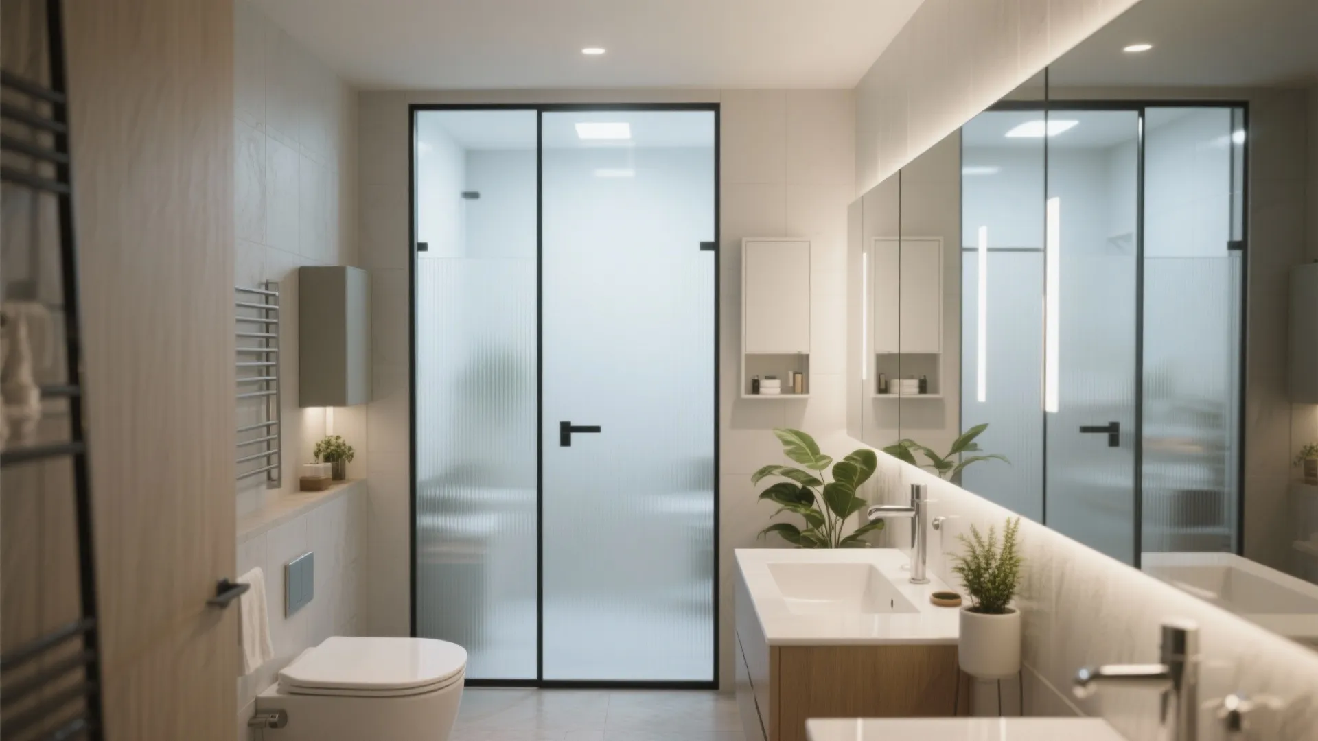 Modern bathroom with white toilet wooden cabinet large mirror light fixture and frosted glass shower door