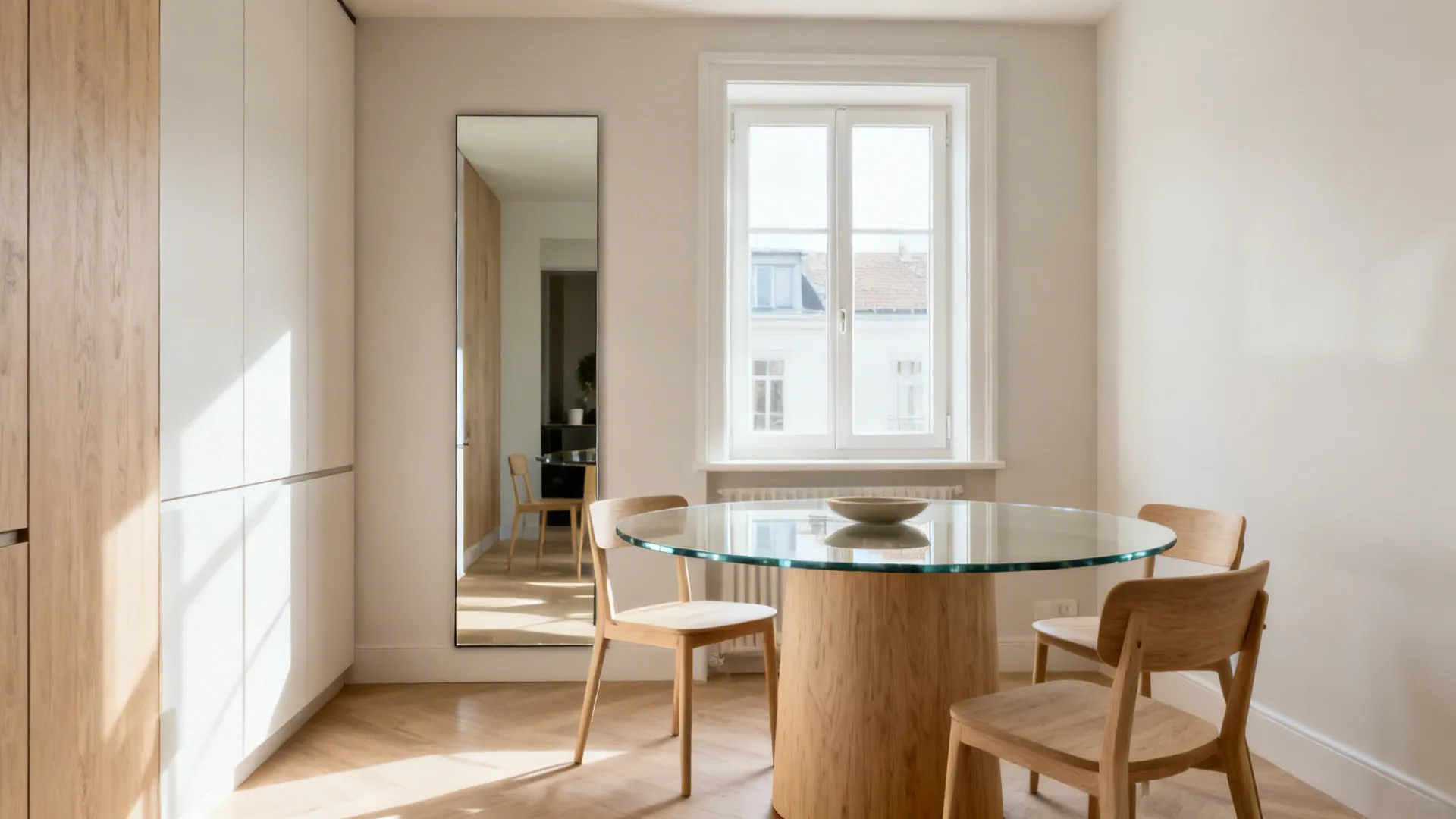 Modern dining room with round glass table wooden base three chairs mirror and bright window