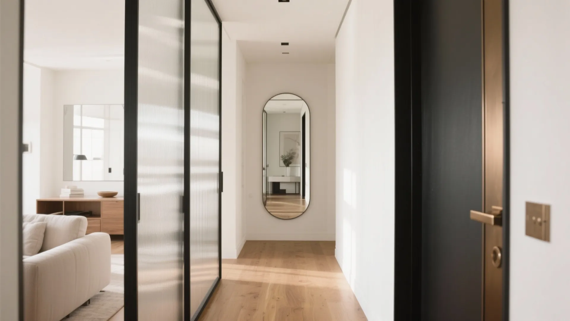 Modern hallway with glass sliding doors wood floor oval mirror and white walls in bright home