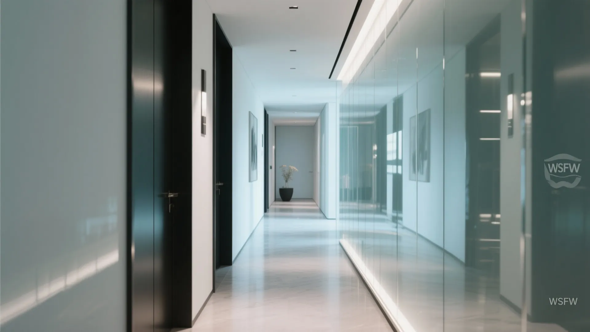 High-gloss glass wall cladding in a narrow hallway reflecting light