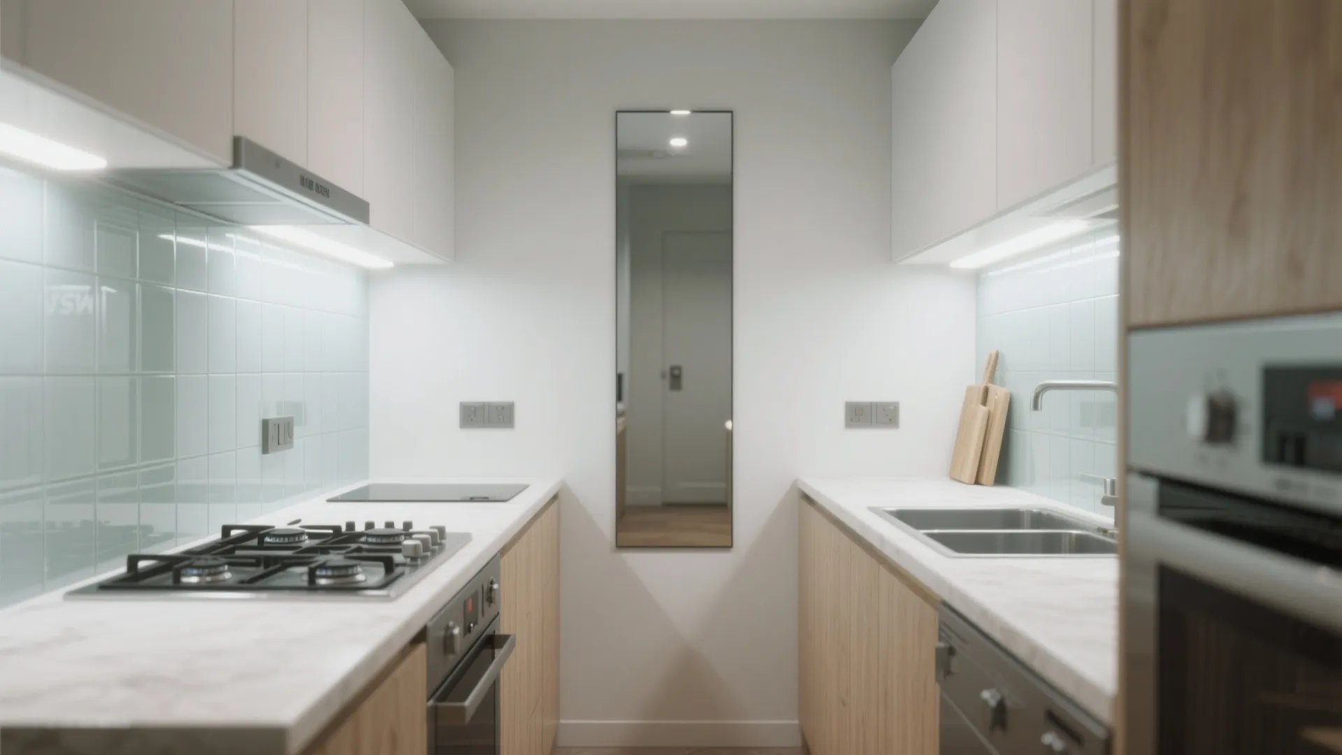 Modern kitchen with white cabinets wood lower units blue tiles mirror and silver gas stove