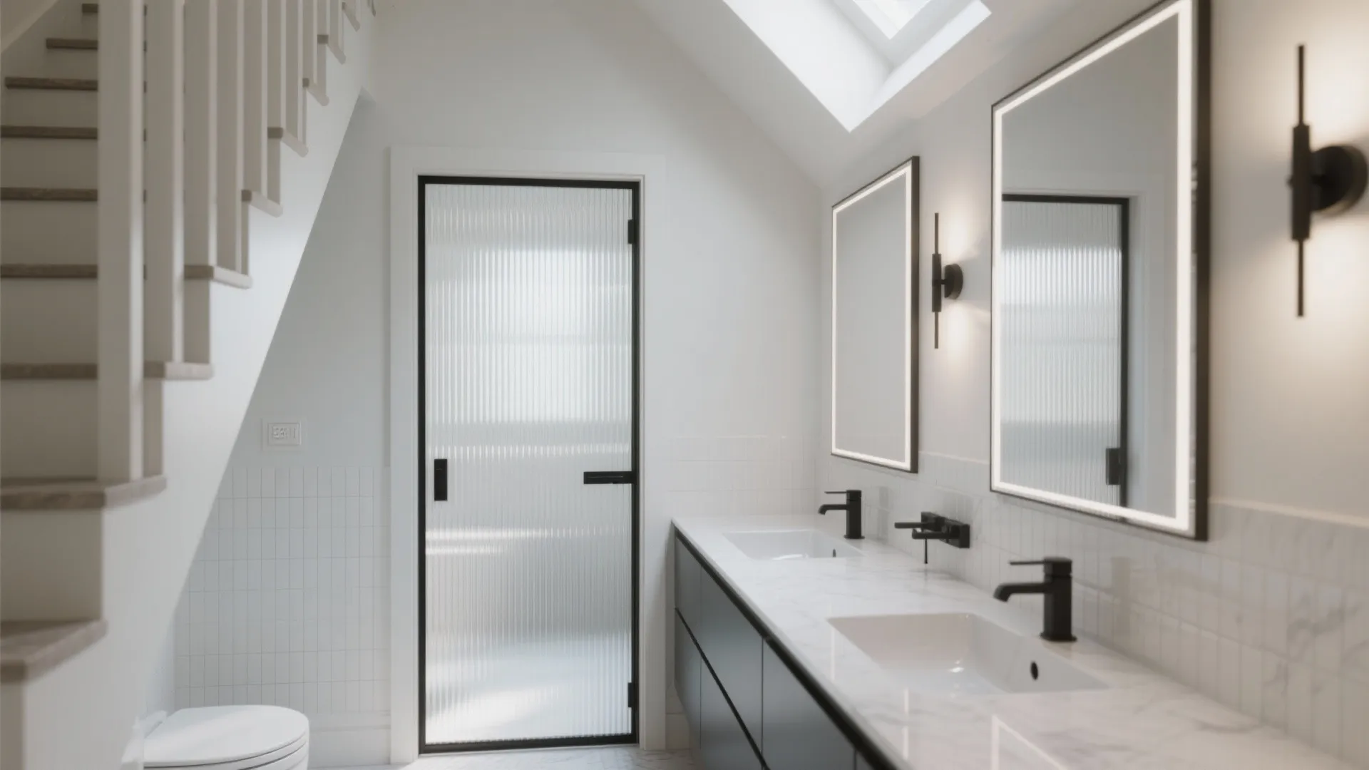 Bright bathroom interior with double sinks lighted mirrors black wall lights and glass door under stairs