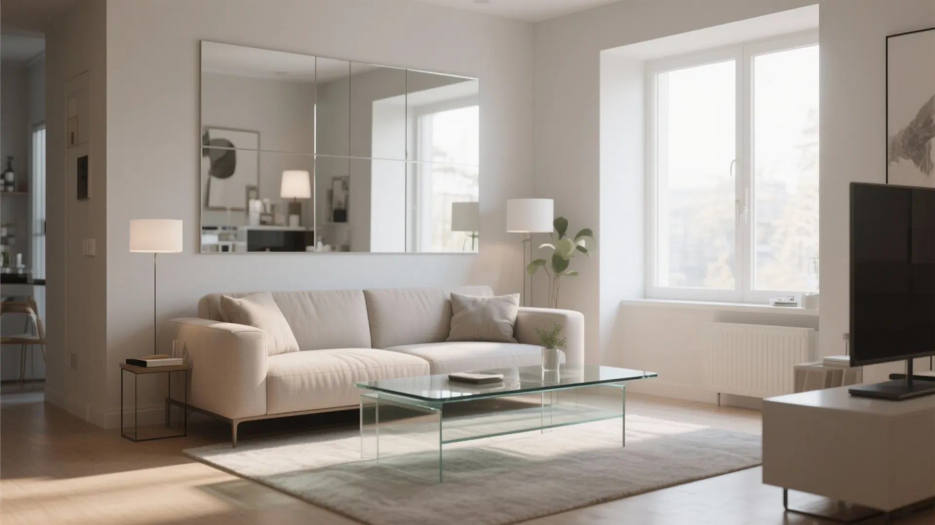 Minimalist living room with cream sofa glass coffee table large wall mirror and bright natural light