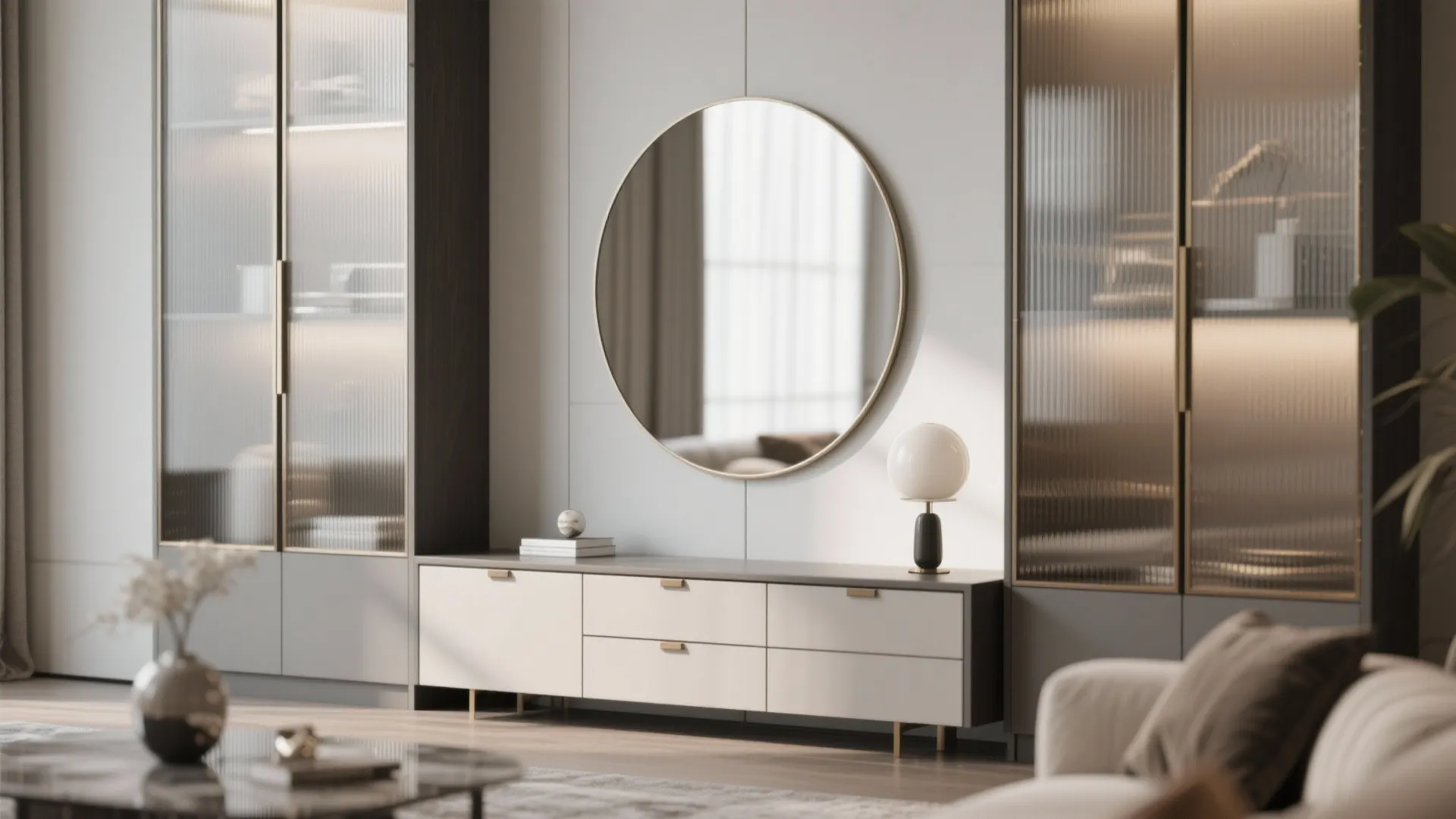 Glass or mirrored elements for openness