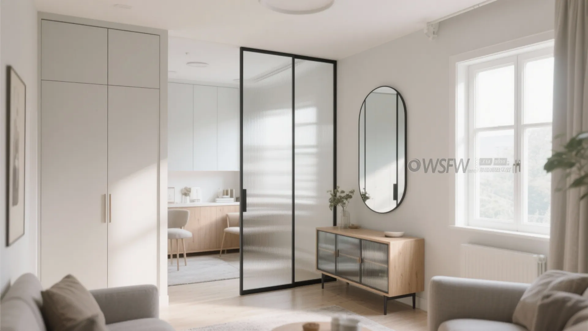 Modern bright living room with glass partition wall wooden cabinet oval wall mirror and white window