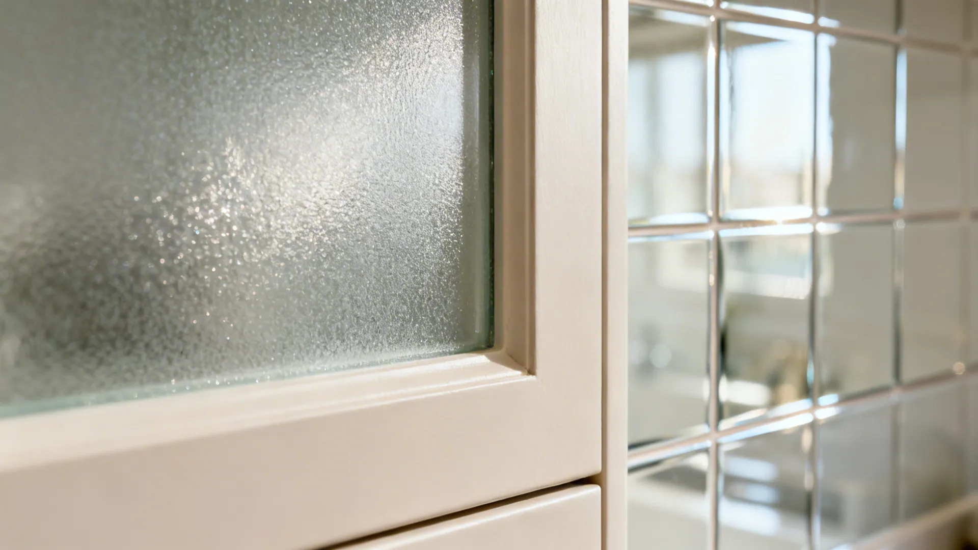 Macro of frosted glass cabinet next to a mirrored backsplash reflecting soft daylight.