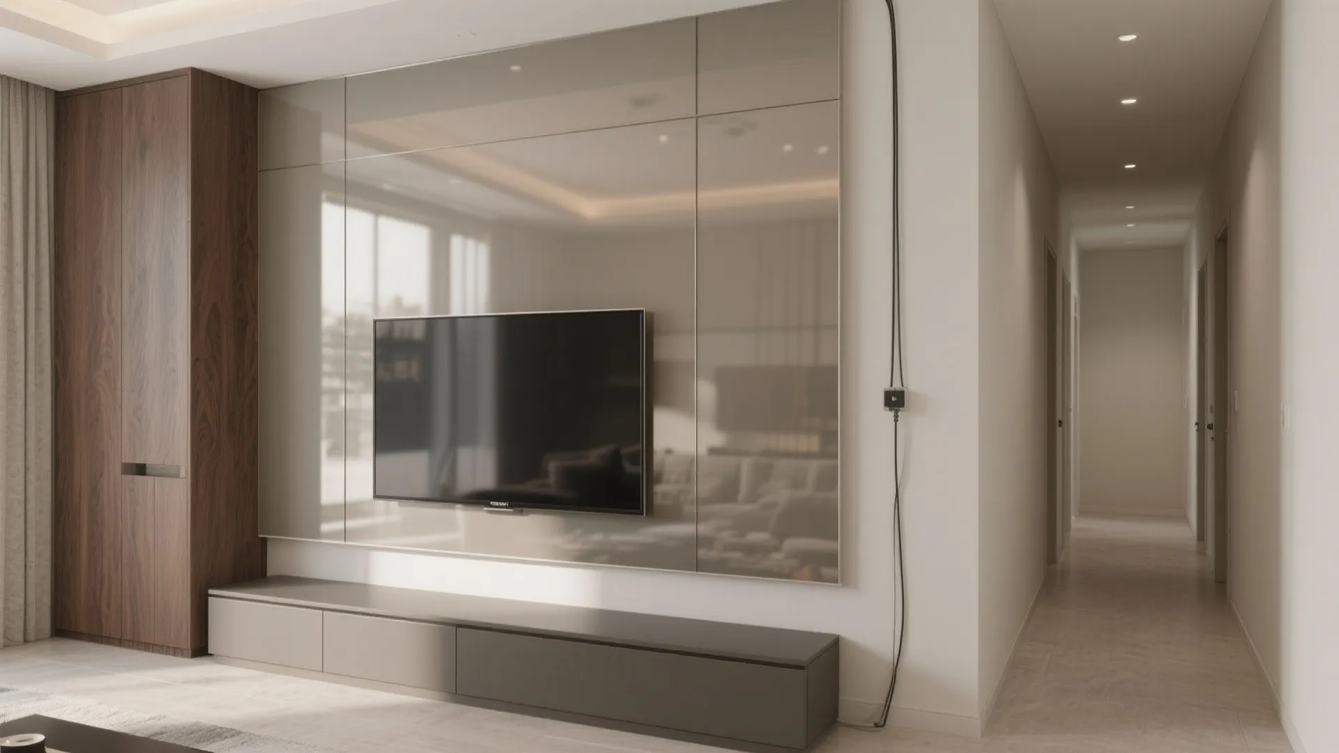 Bronze mirrored media wall with a matte TV zone that brightens a narrow hall.