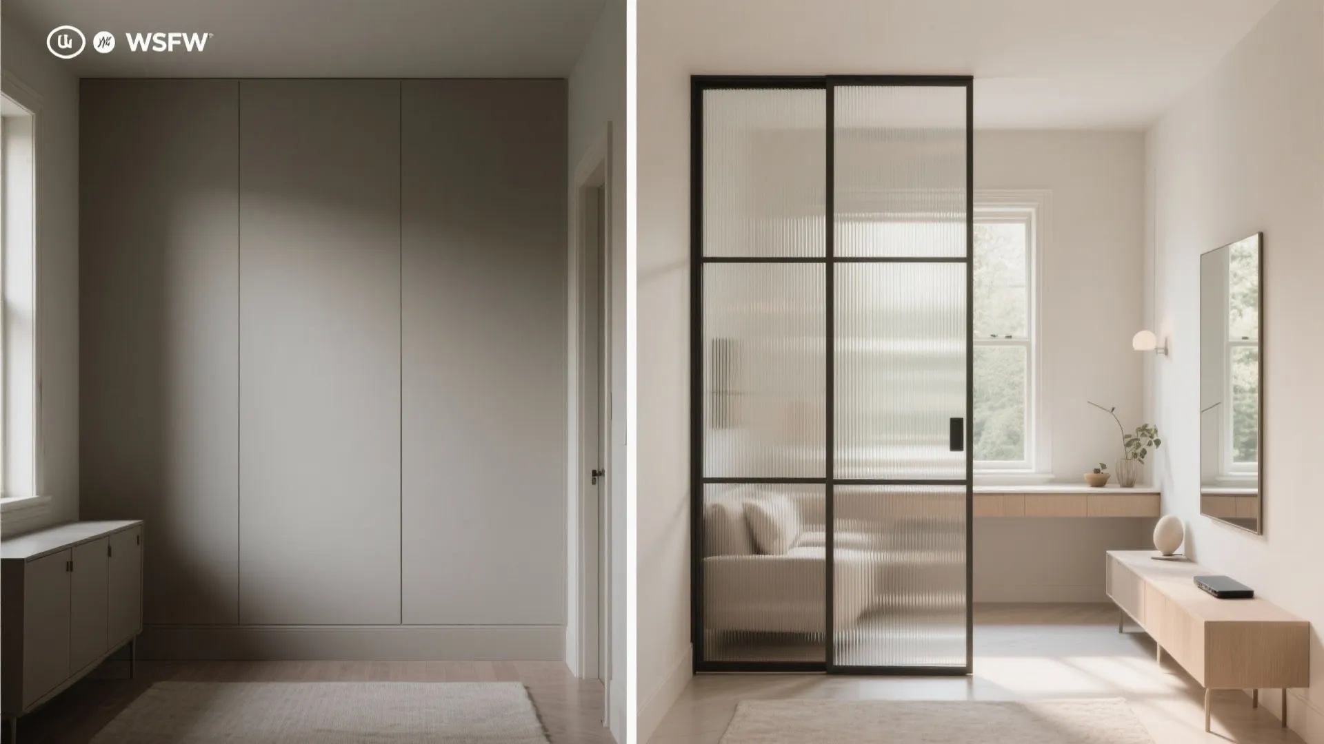 Before and after comparison showing solid wall replaced with a black frame glass sliding door