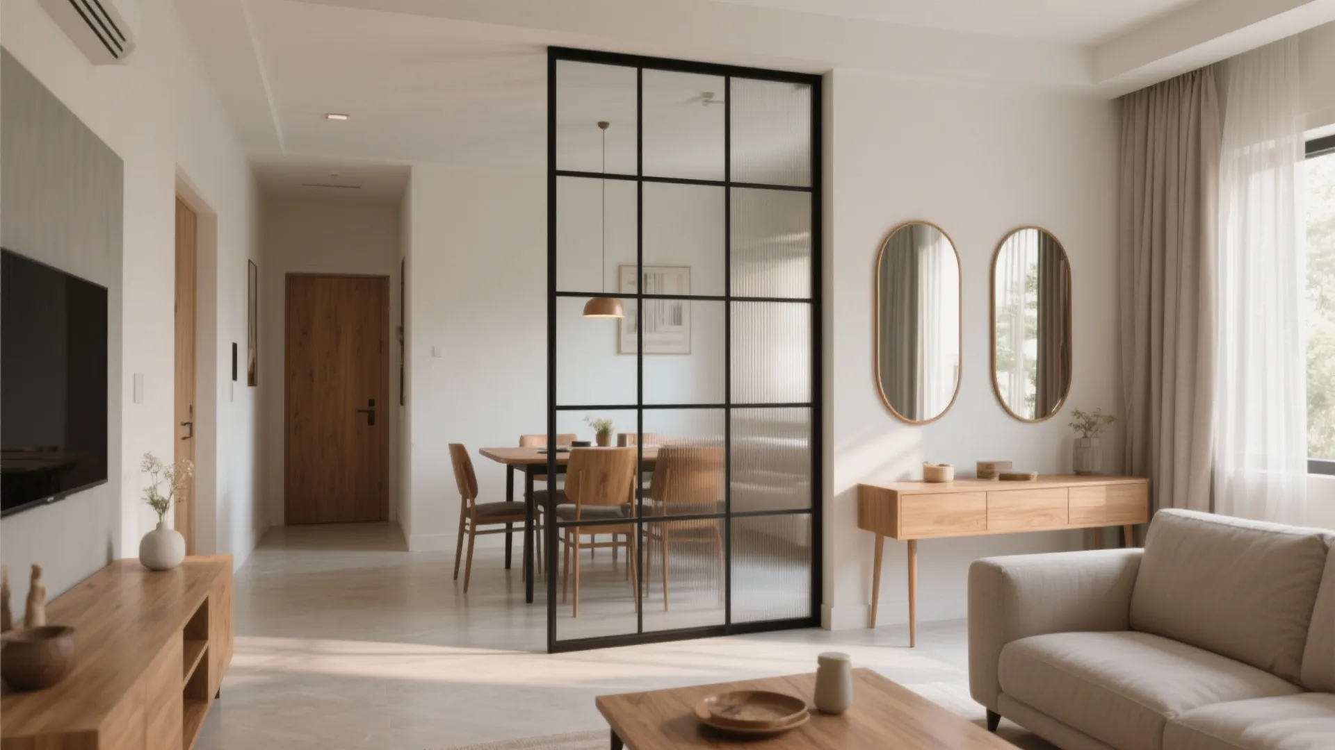 3) Glass partitions, mirrors, and a pale palette to amplify daylight