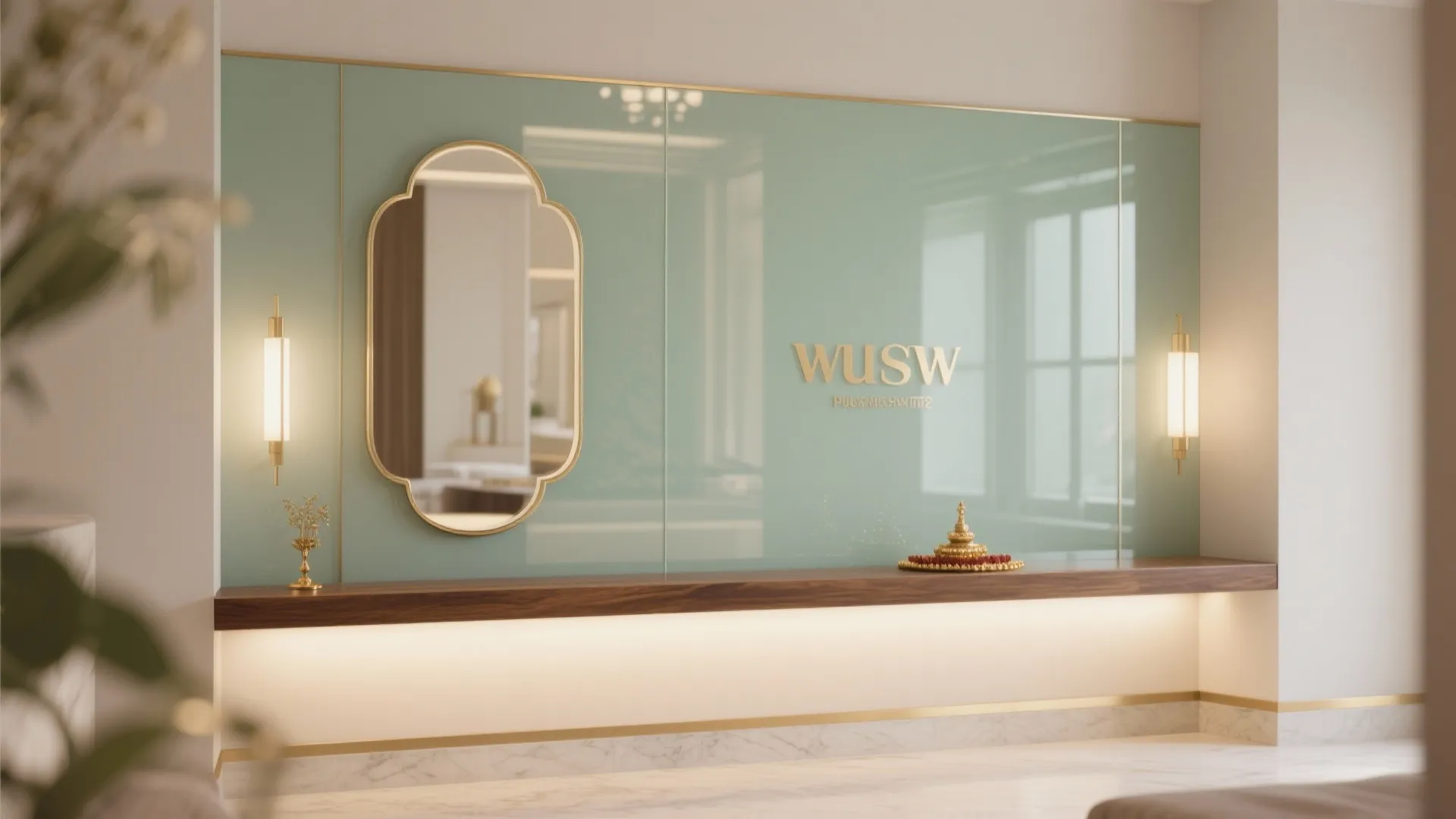 Modern puja wall with muted sage back-painted glass, off-axis tinted mirror, walnut shelf, and soft grazing lights.