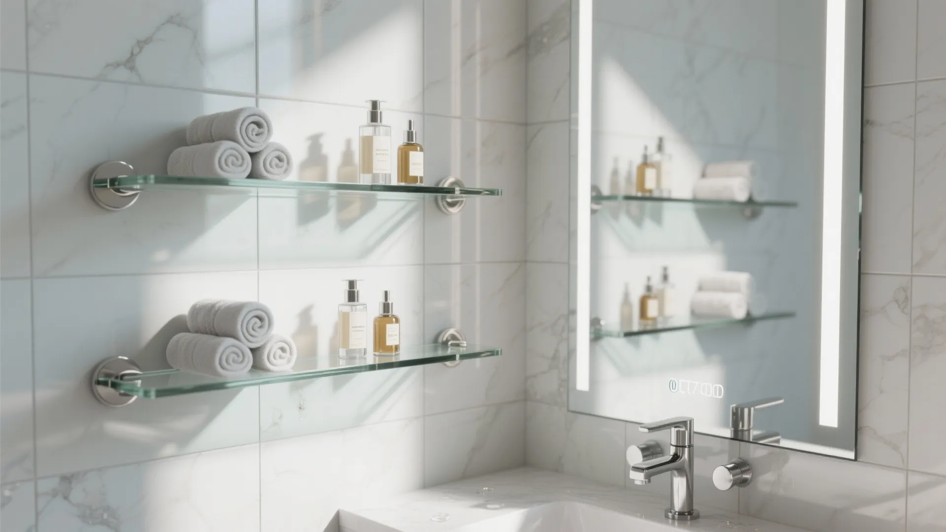 Glass and mirrored shelves for a lighter feel