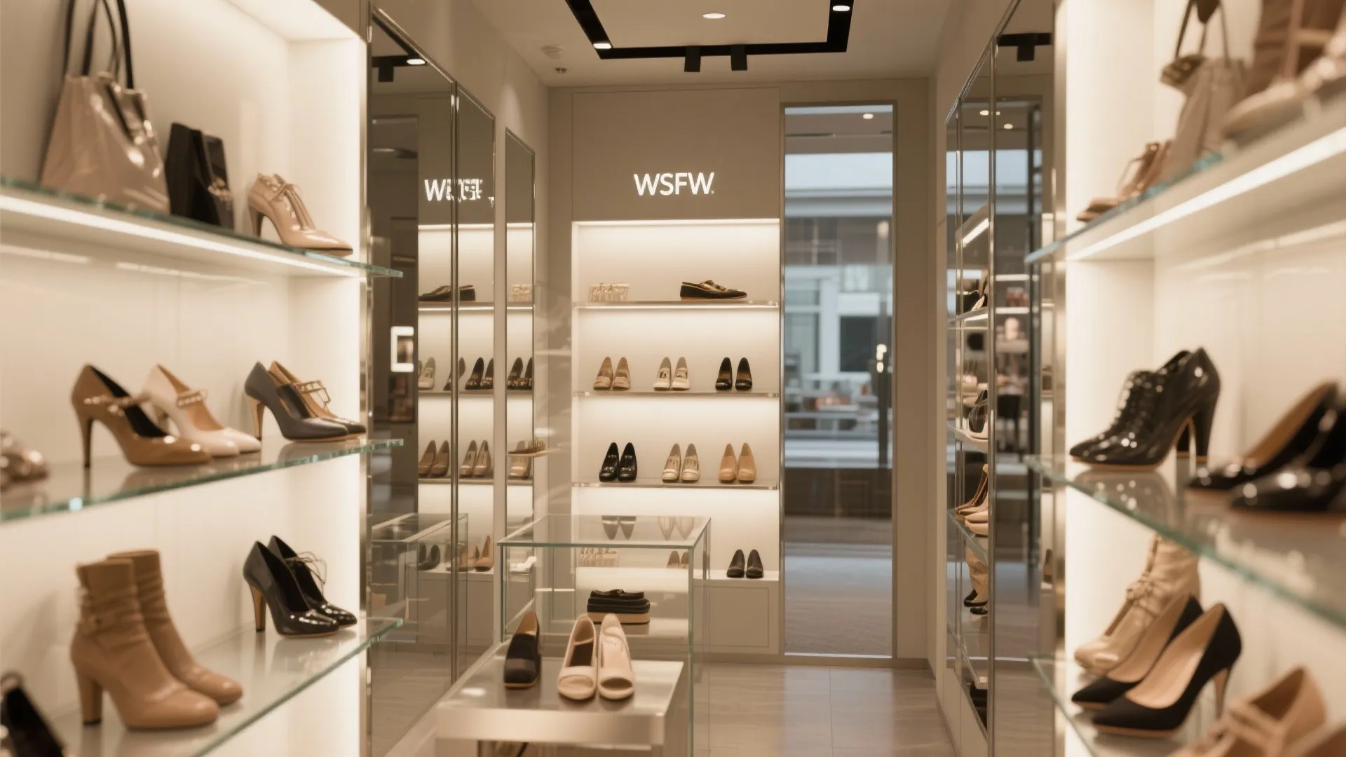 Modern luxury shoe store interior with glass shelves bright lights large mirrors and elegant heels