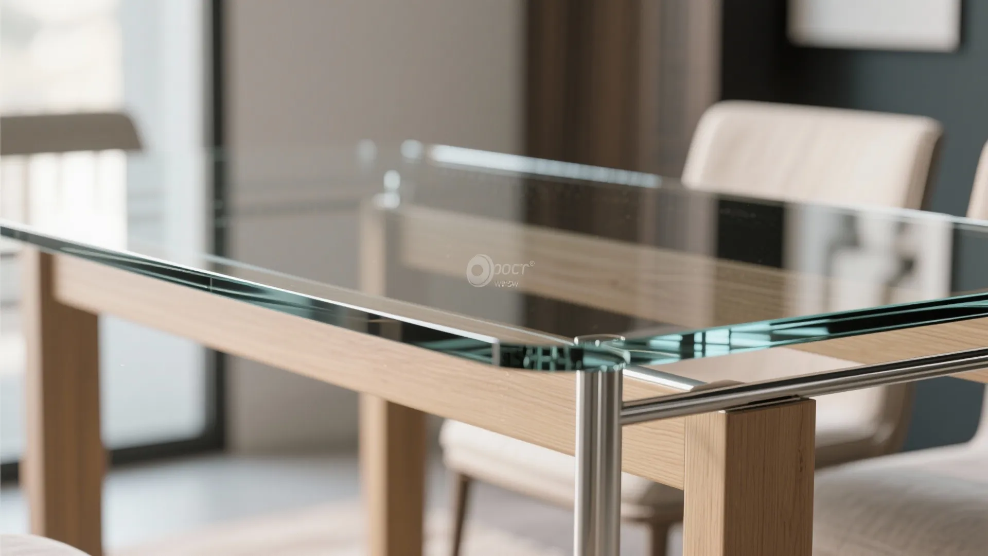 Modern glass top dining table with light wood legs and metal frame in a bright room