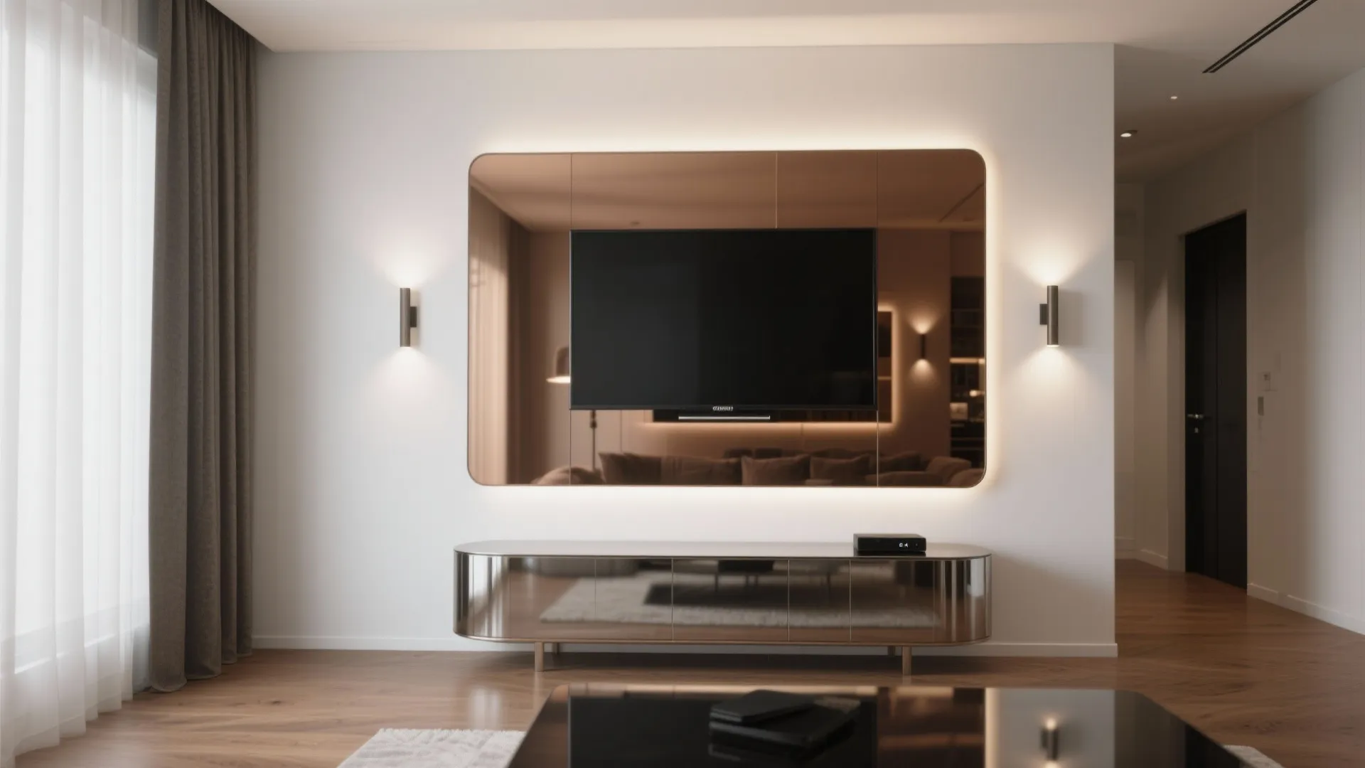 Glass and Metal: Slim Console with a Light-Bouncing Back Panel